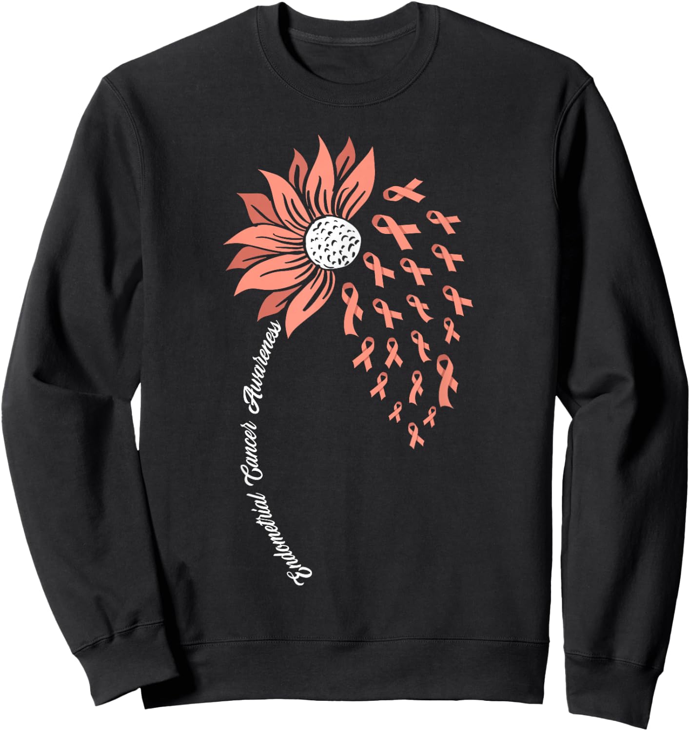 Sunflower Peach Ribbon Support Endometrial Cancer Awareness Sweatshirt - Sweatshirt | Black
