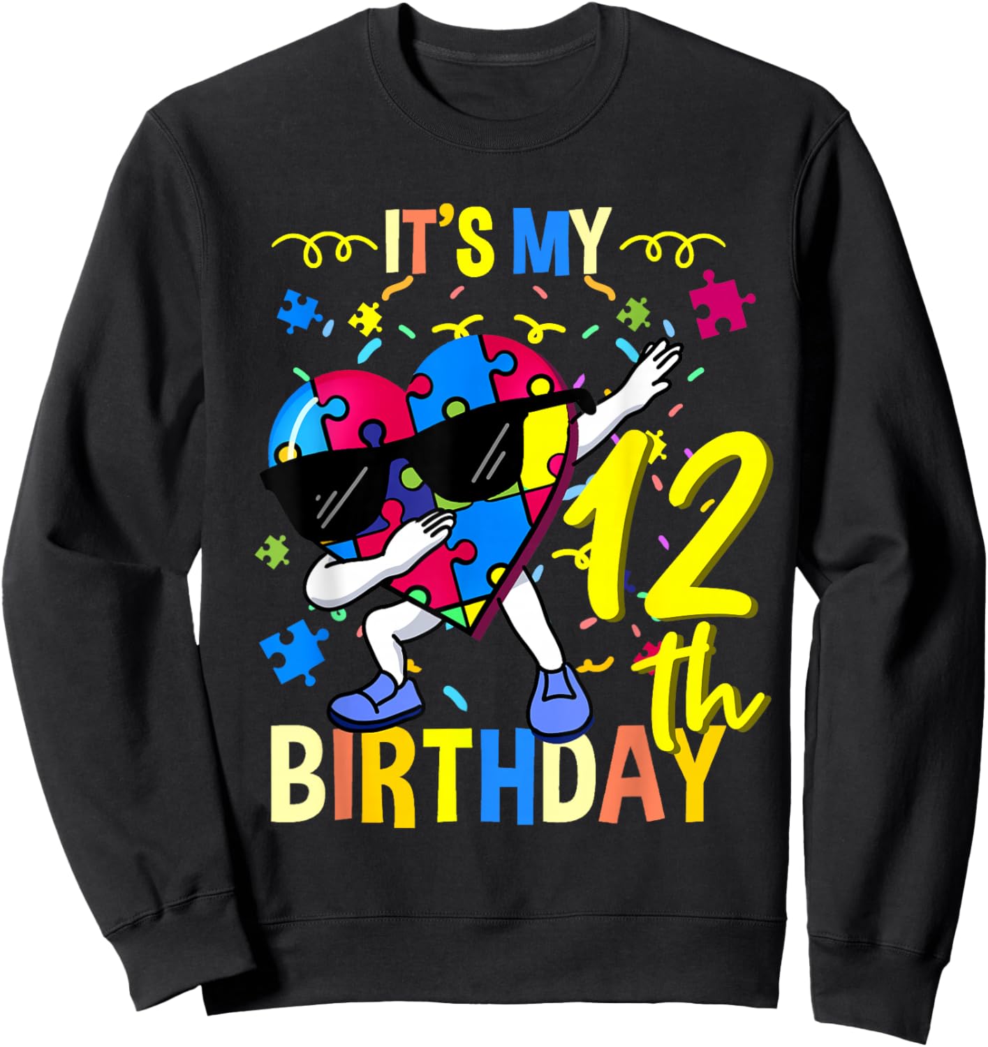 Its My 12th Birthday Dabbing Autism Puzzle Sweatshirt - Sweatshirt | Black