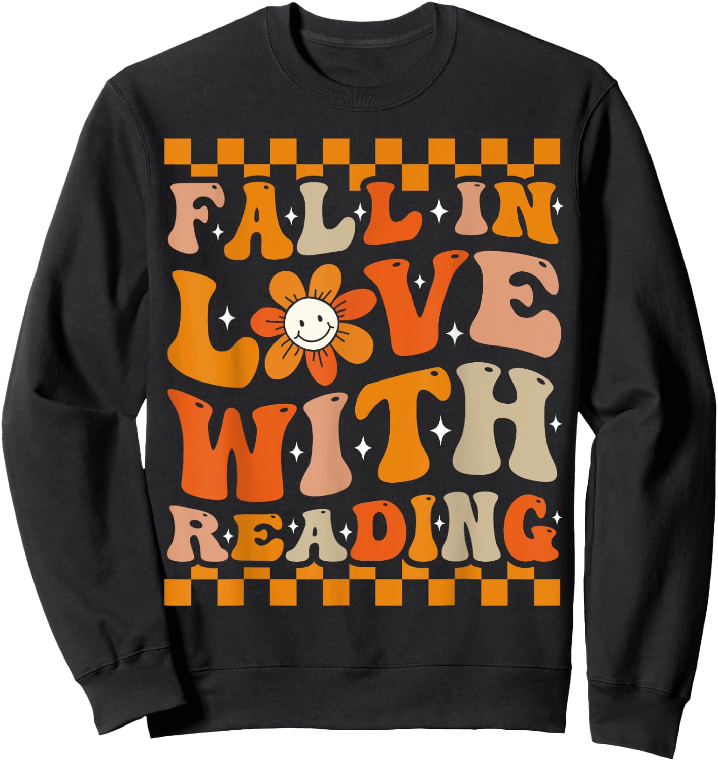 Fall In Love With Reading Books Groovy Thanksgiving Teacher Sweatshirt - Sweatshirt | Black