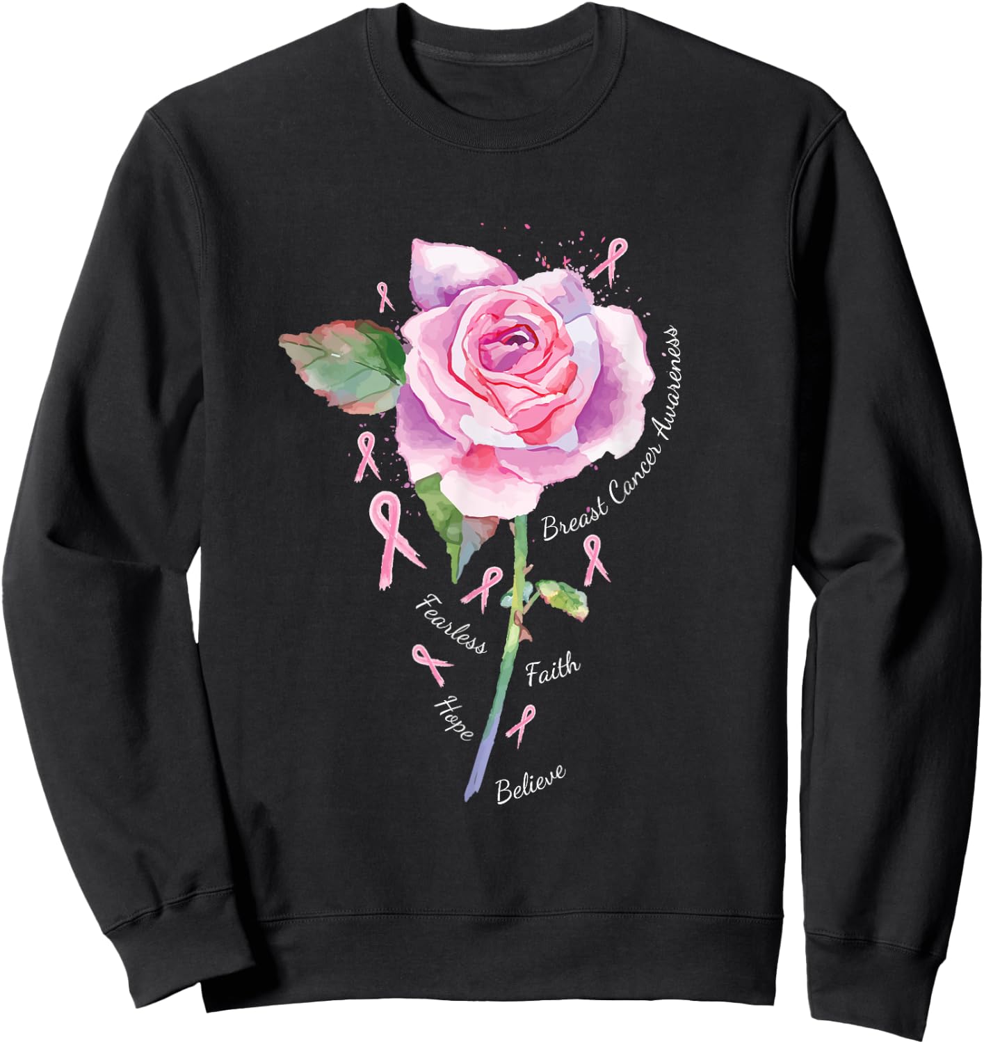 Breast Cancer Shirt Women Men Pink Ribbon Rose Sweatshirt - Sweatshirt | Black