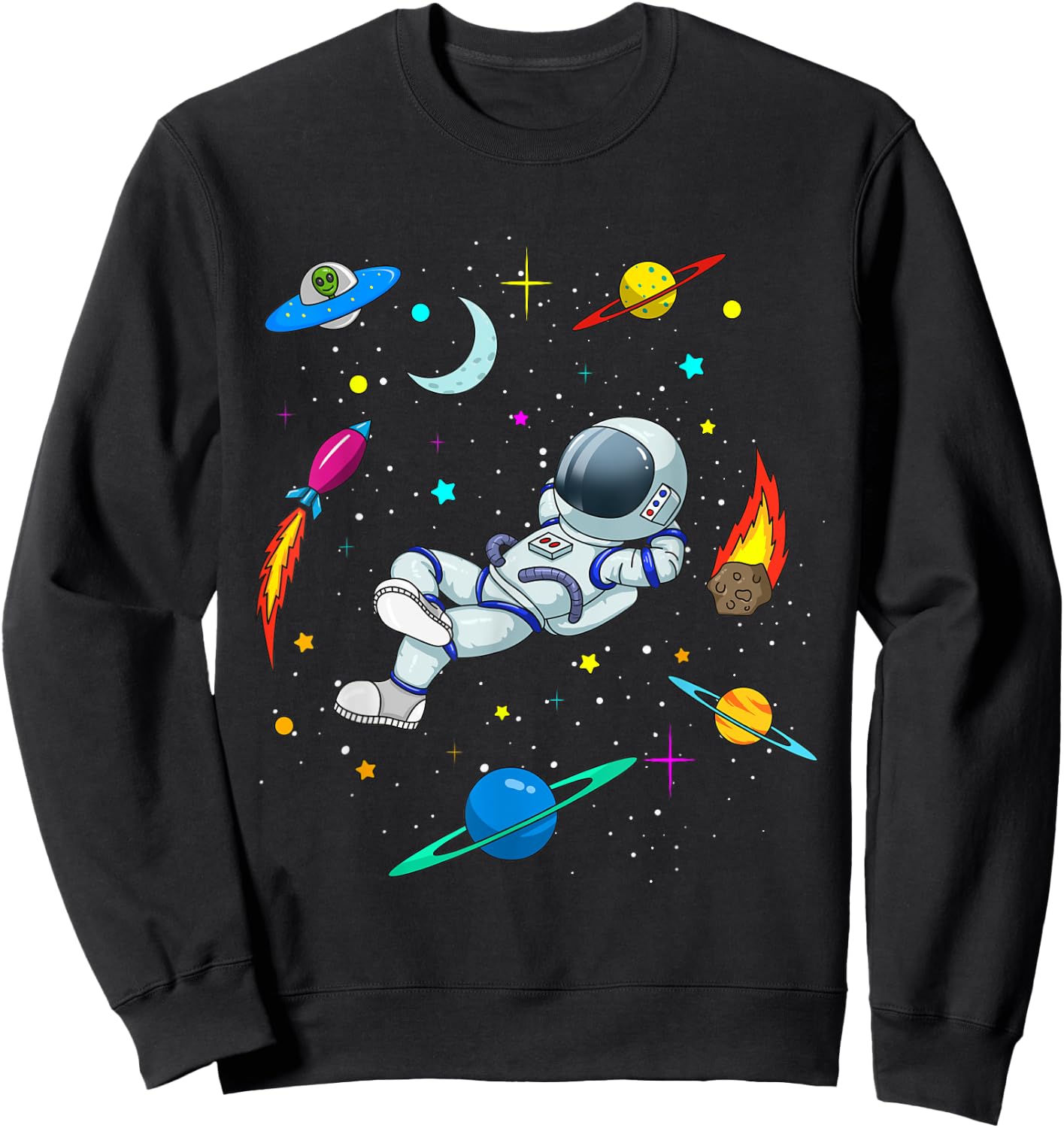 Cute Astronaut in Outer Space with Rockets and Aliens - Boys Sweatshirt - Sweatshirt | Black