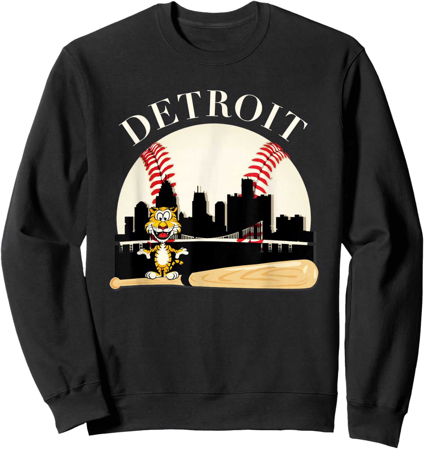Detroit Baseball Tiger Mascot and Skyline Design Sweatshirt - Sweatshirt | Black