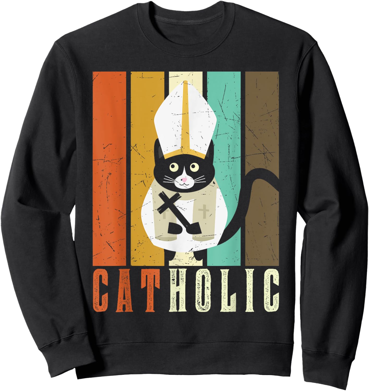 Funny Catholic T Shirts, Cat-holic Cat Lover Retro Vintage Sweatshirt - Sweatshirt | Black