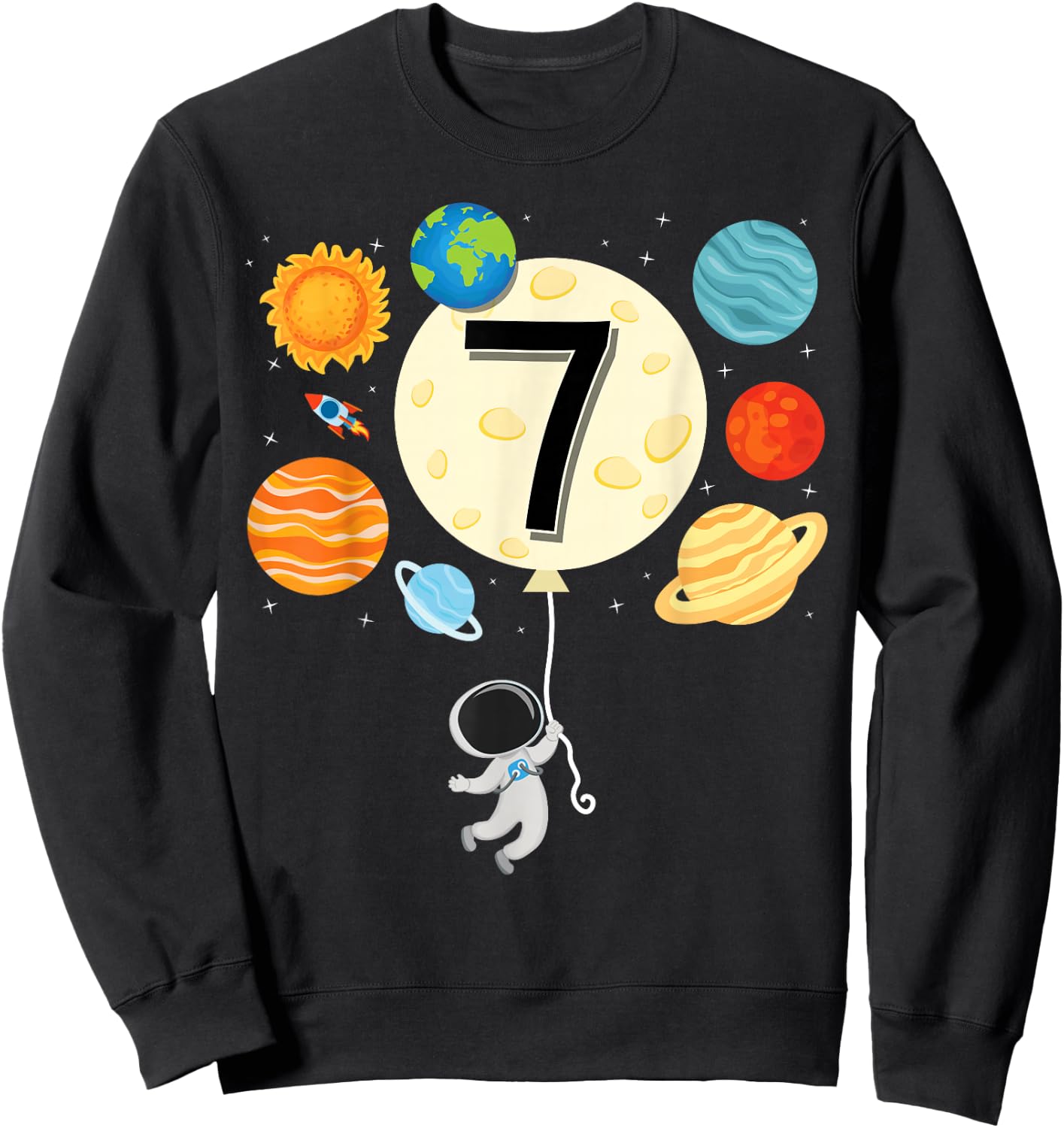 Astronaut Balloon Planets 7th Birthday Space 7 Year Old Kids Sweatshirt - Sweatshirt | Black