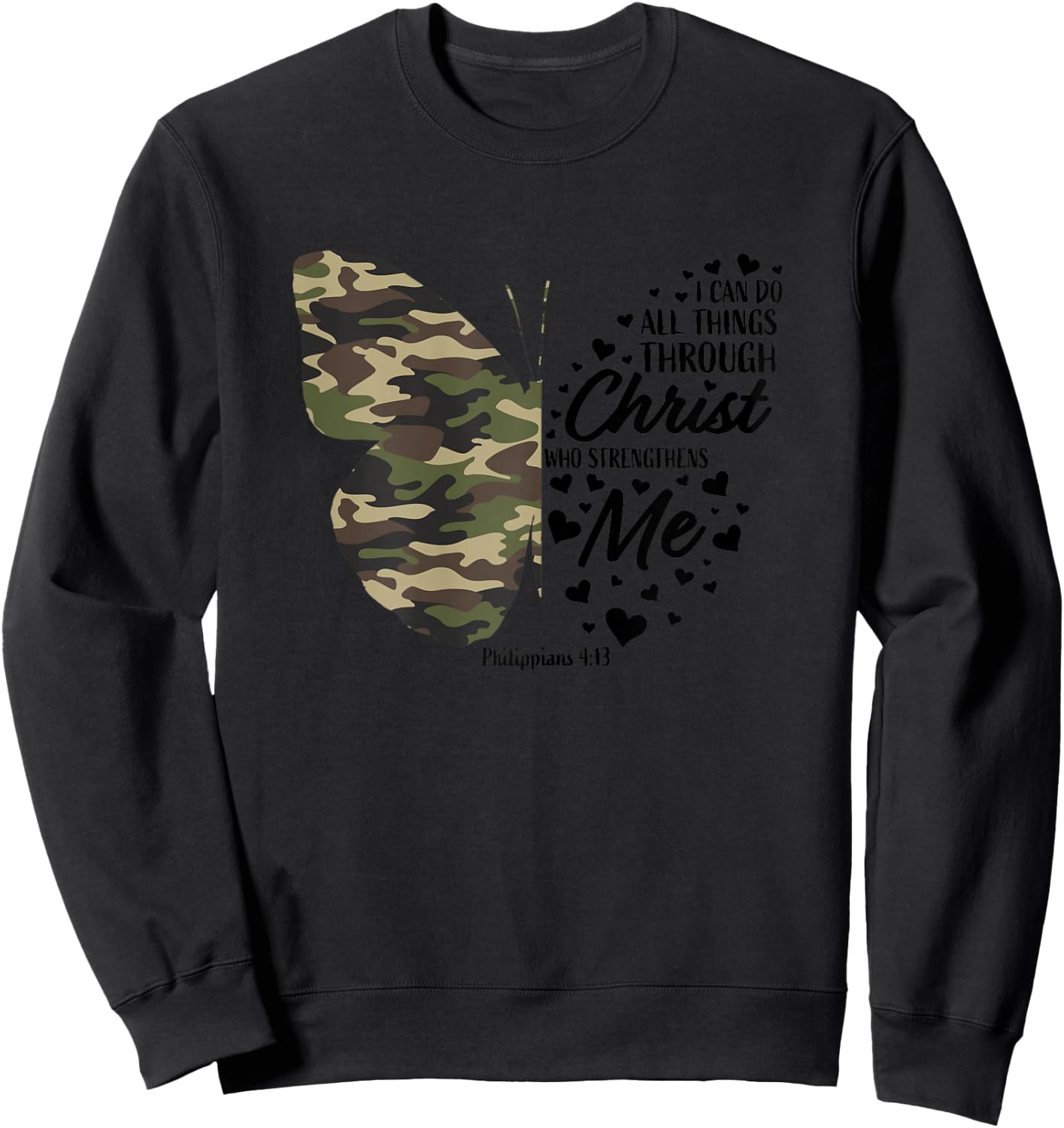 Cute Green Military Camo Butterfly Christian Religious Verse Sweatshirt - Sweatshirt | Black