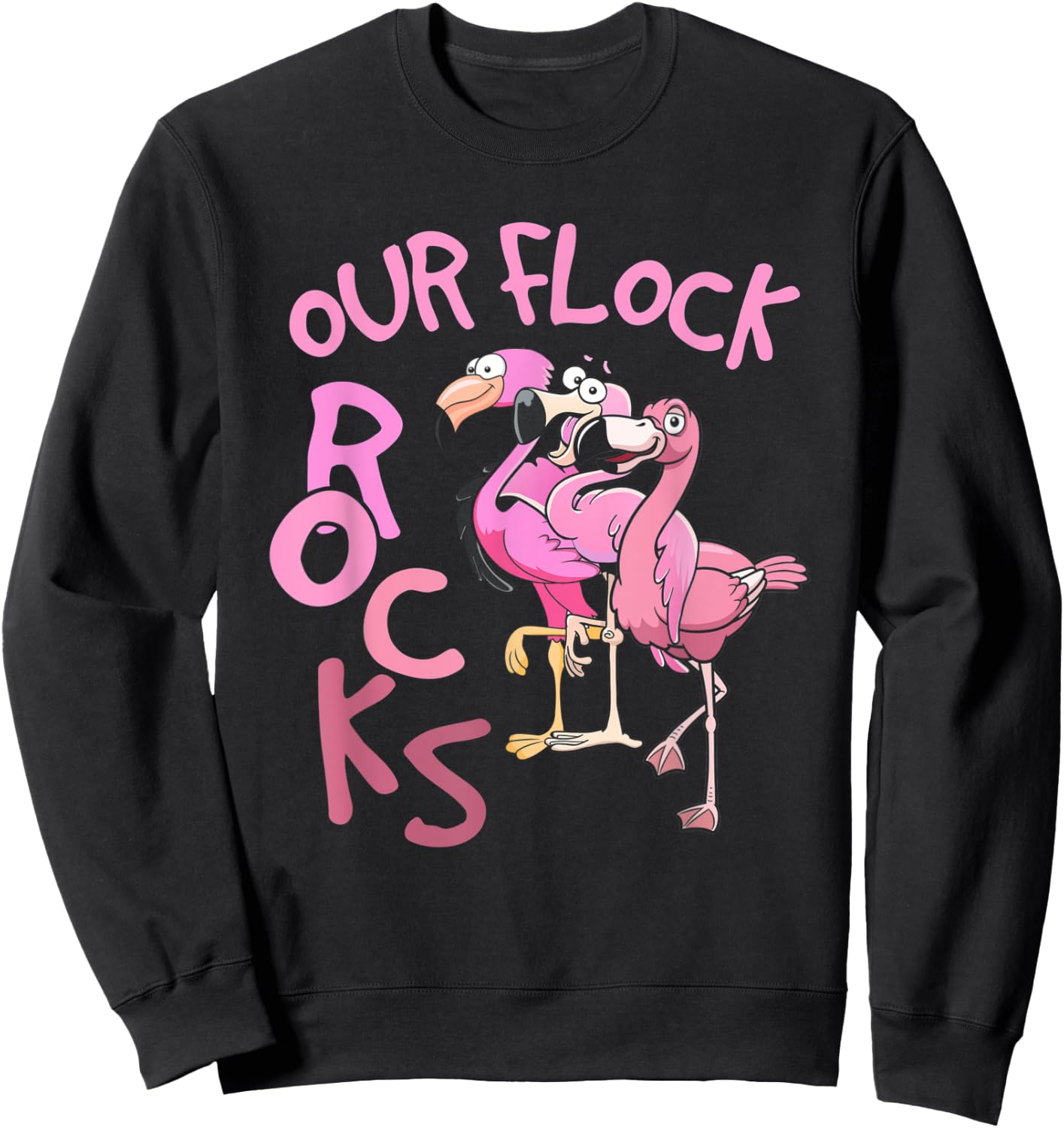 Our Flock Rocks Flamingo Matching Family Vacation Group Sweatshirt - Sweatshirt | Black