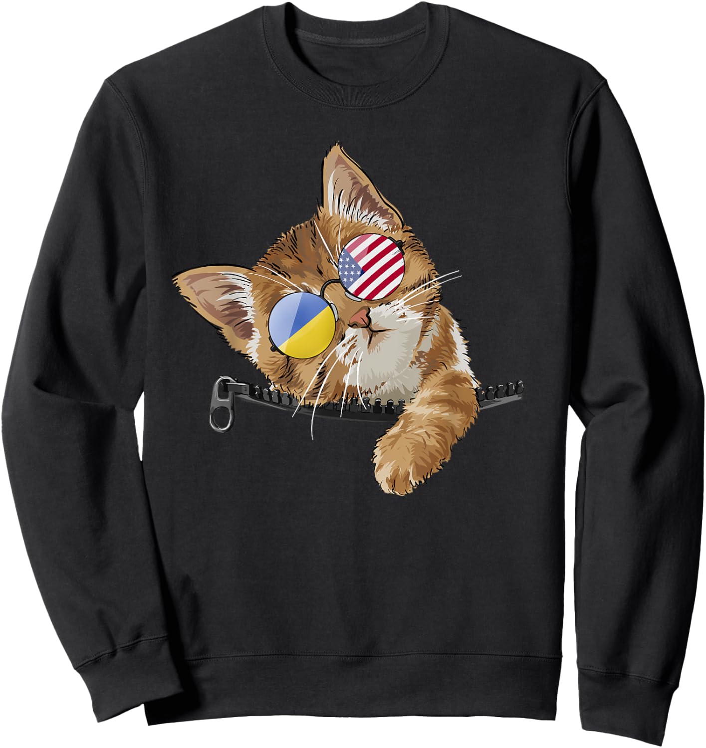 Cute Cat Kitten American Ukrainian Flag Sunglusses Sweatshirt - Sweatshirt | Black