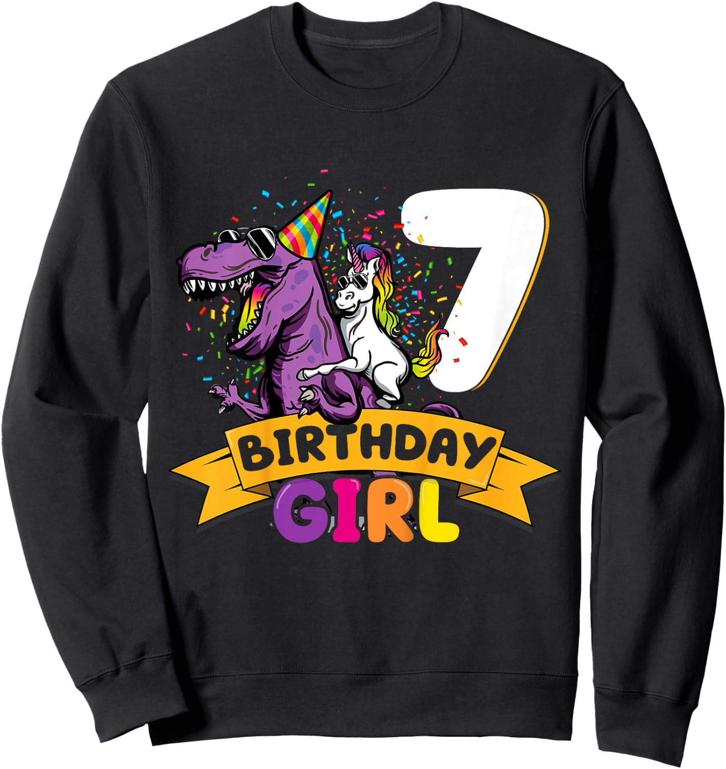 Dinosaur Unicorn 7 Birthday Decoration 7 Dino Girl 7 Years Sweatshirt - Sweatshirt | Black