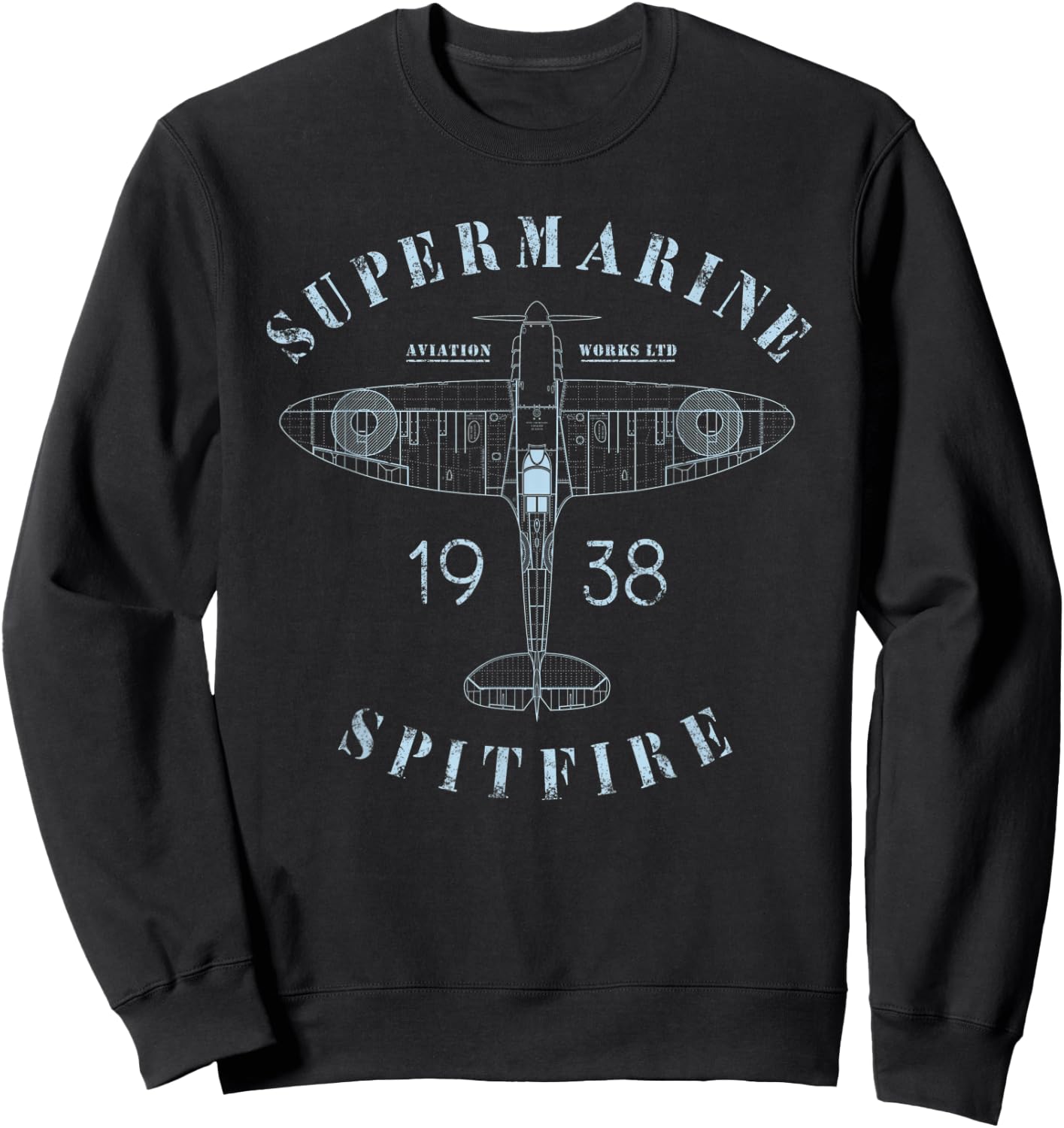 Spitfire Aircraft Blueprint | WW2 Supermarine Fighter Plane Sweatshirt - Sweatshirt | Black