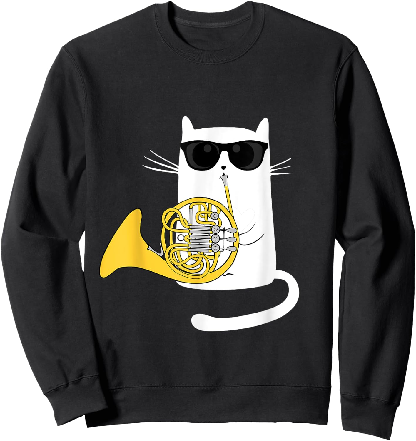 Funny Jazz Cat Wearing Sunglasses Playing French Horn Men Women Girls Kids Sweatshirt - Sweatshirt | Black