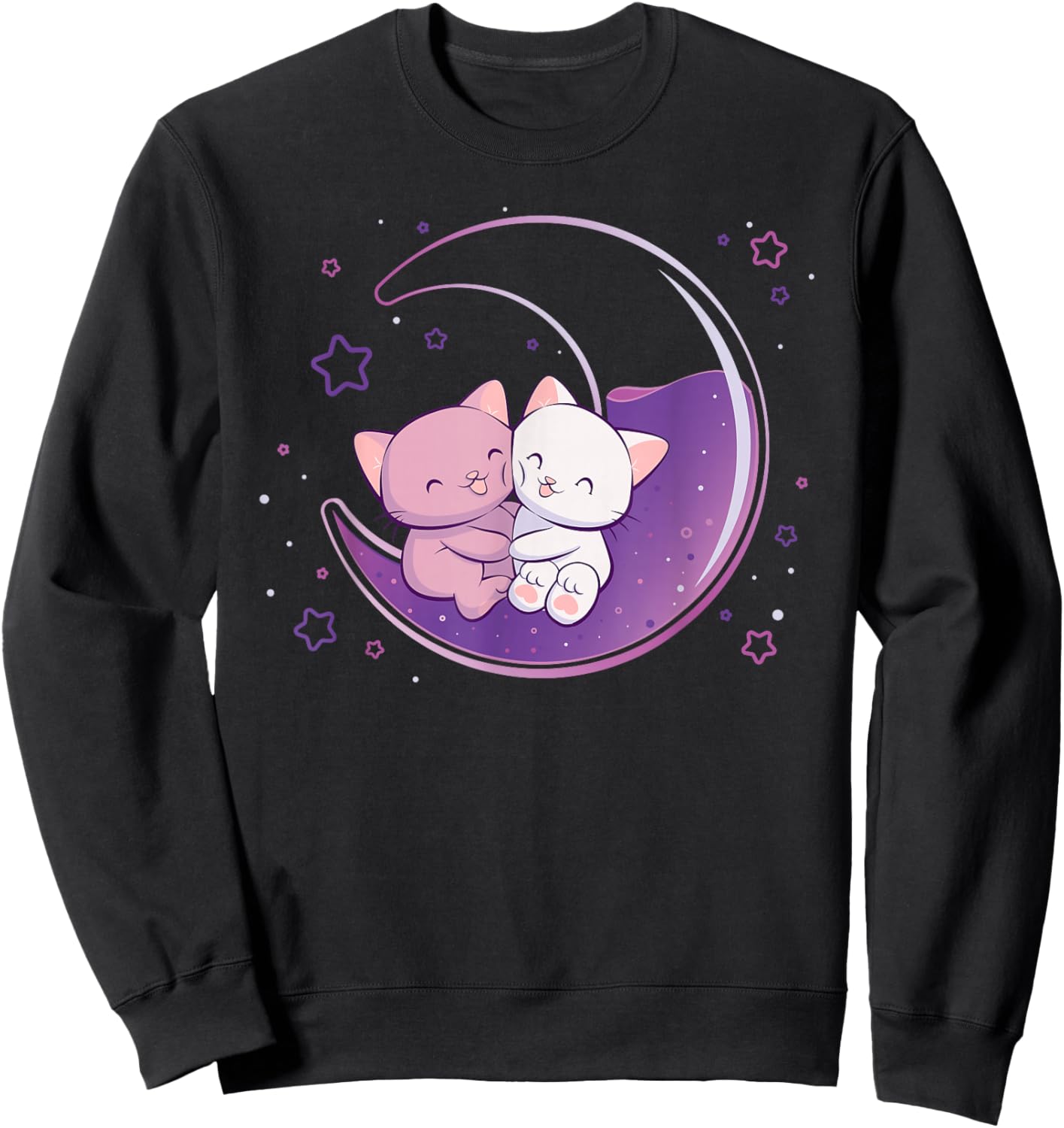 Cute Cats on Purple Moon Kawaii Anime Sweatshirt - Sweatshirt | Black