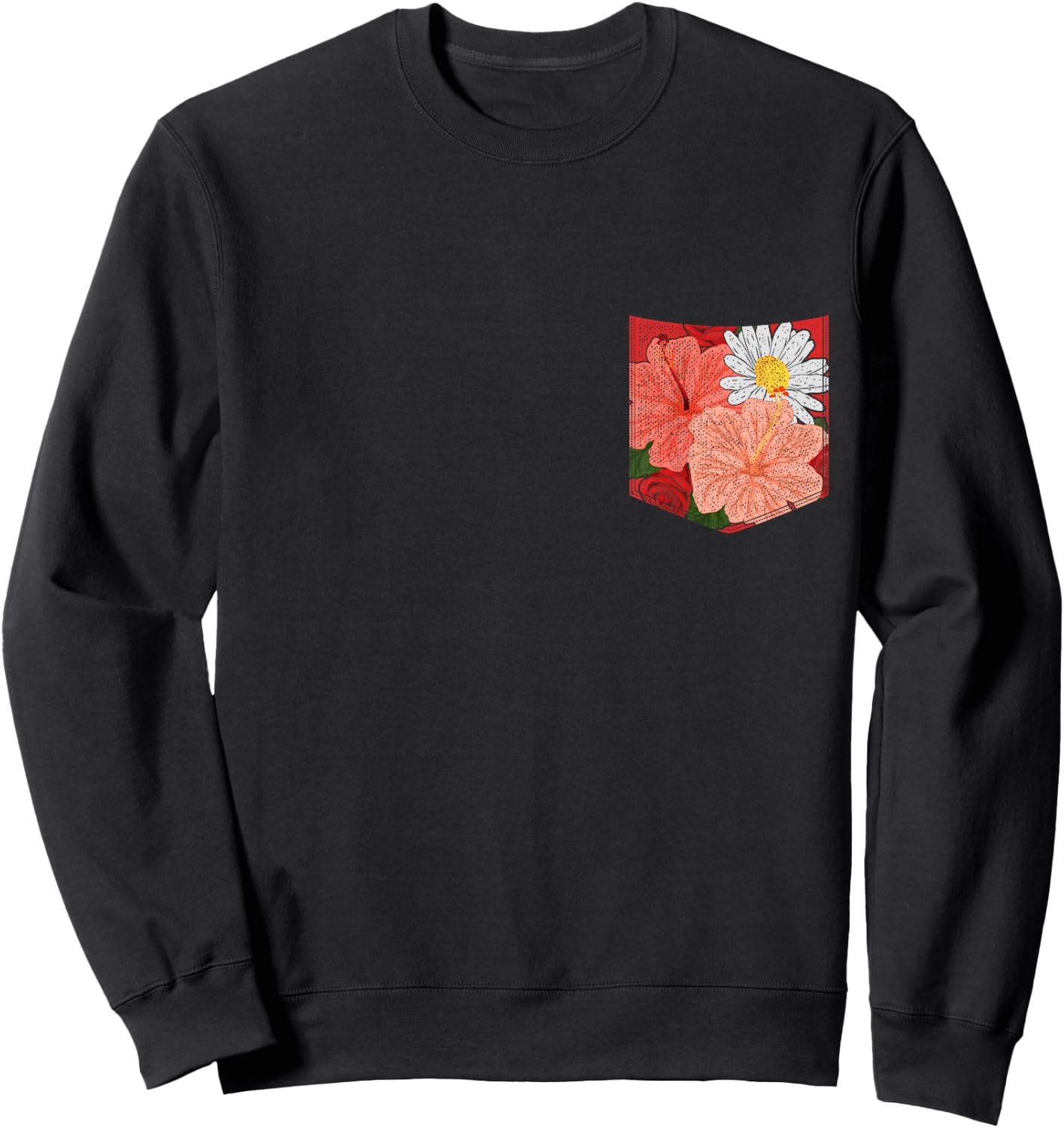 Flower Blossom Hibiscus Daisy Floral Pocket Botanical Sweatshirt - Sweatshirt | Black
