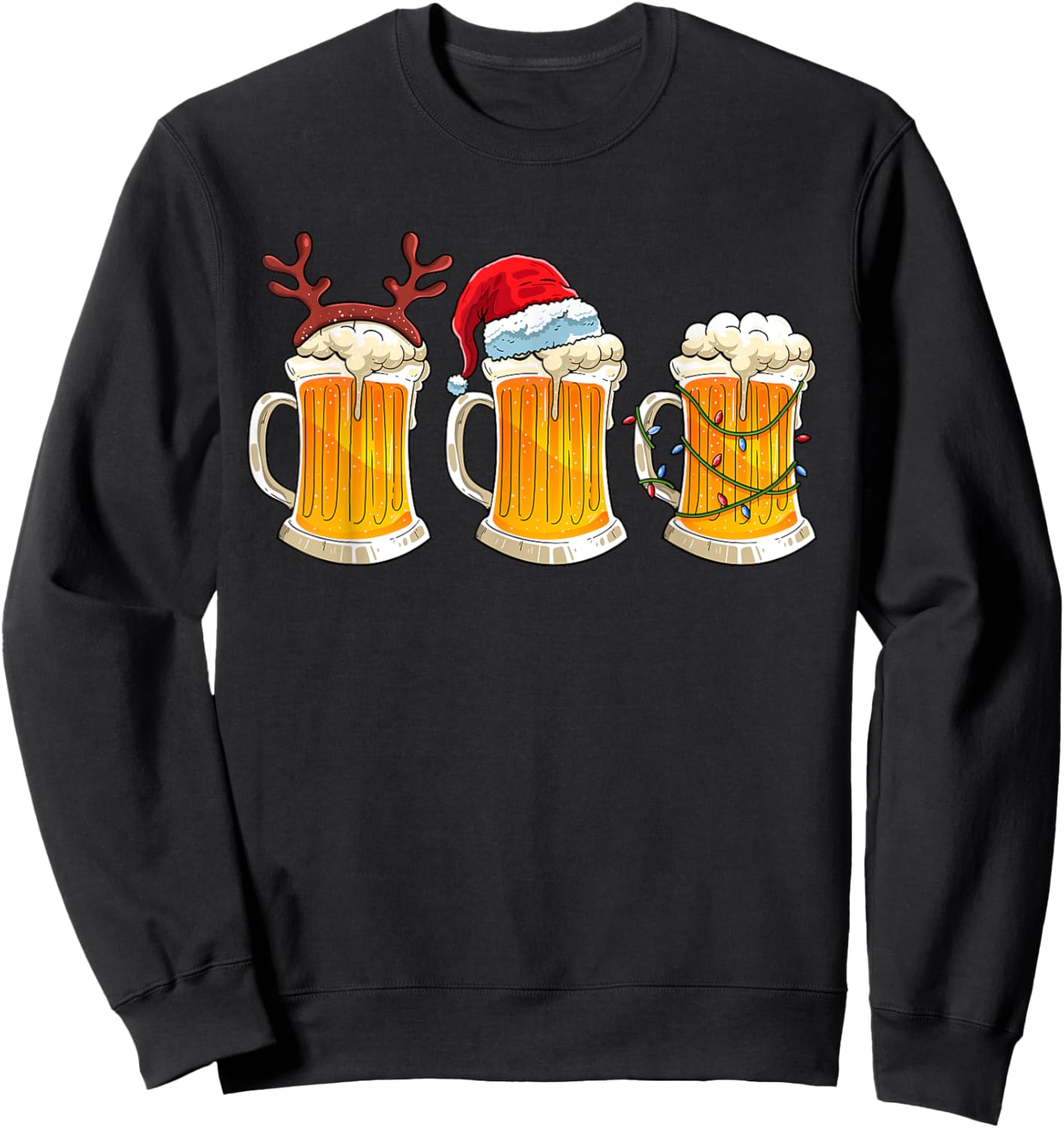 Beer Christmas Mug Santa Hat Reinbeer Xmas Lights Men Gift Sweatshirt - Sweatshirt | Black