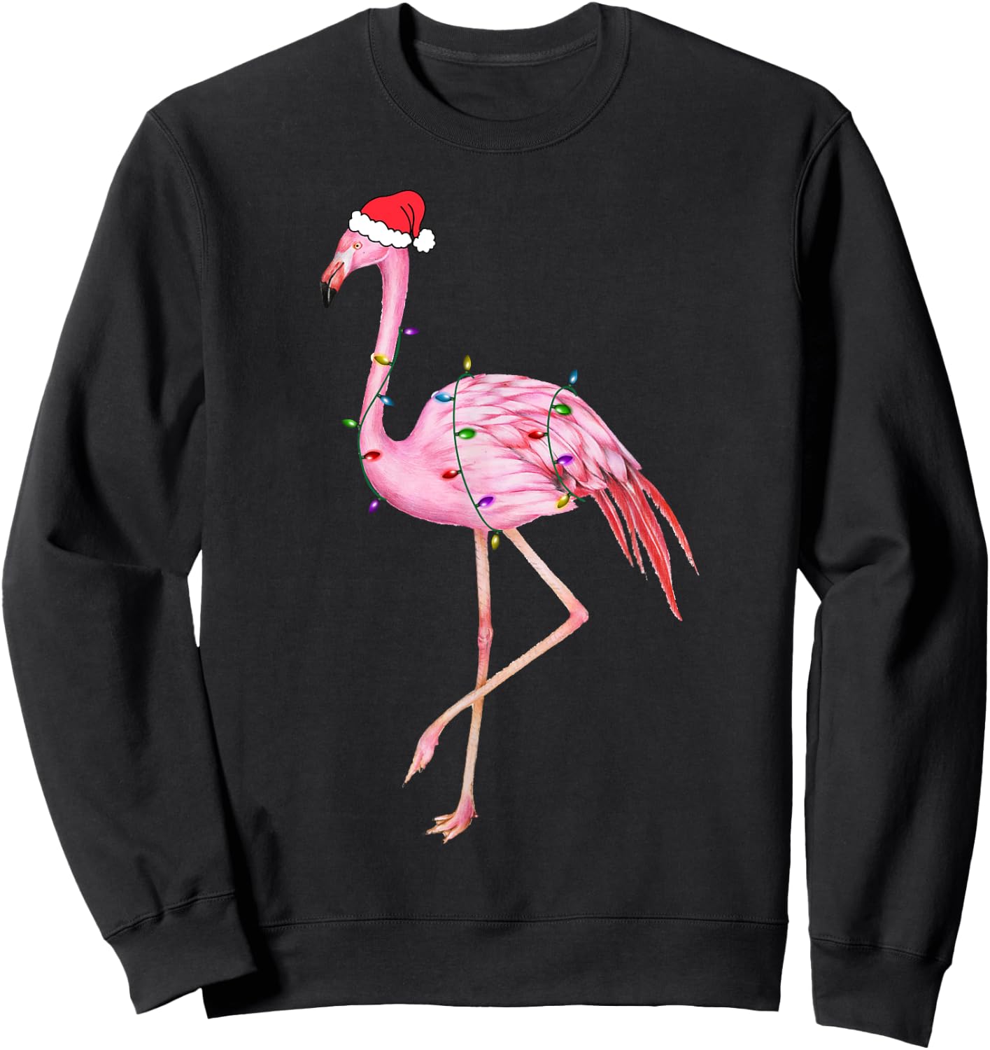 Lighted Flamingo Christmas Tree Lights Xmas Santa Hat Gifts Sweatshirt - Sweatshirt | Black