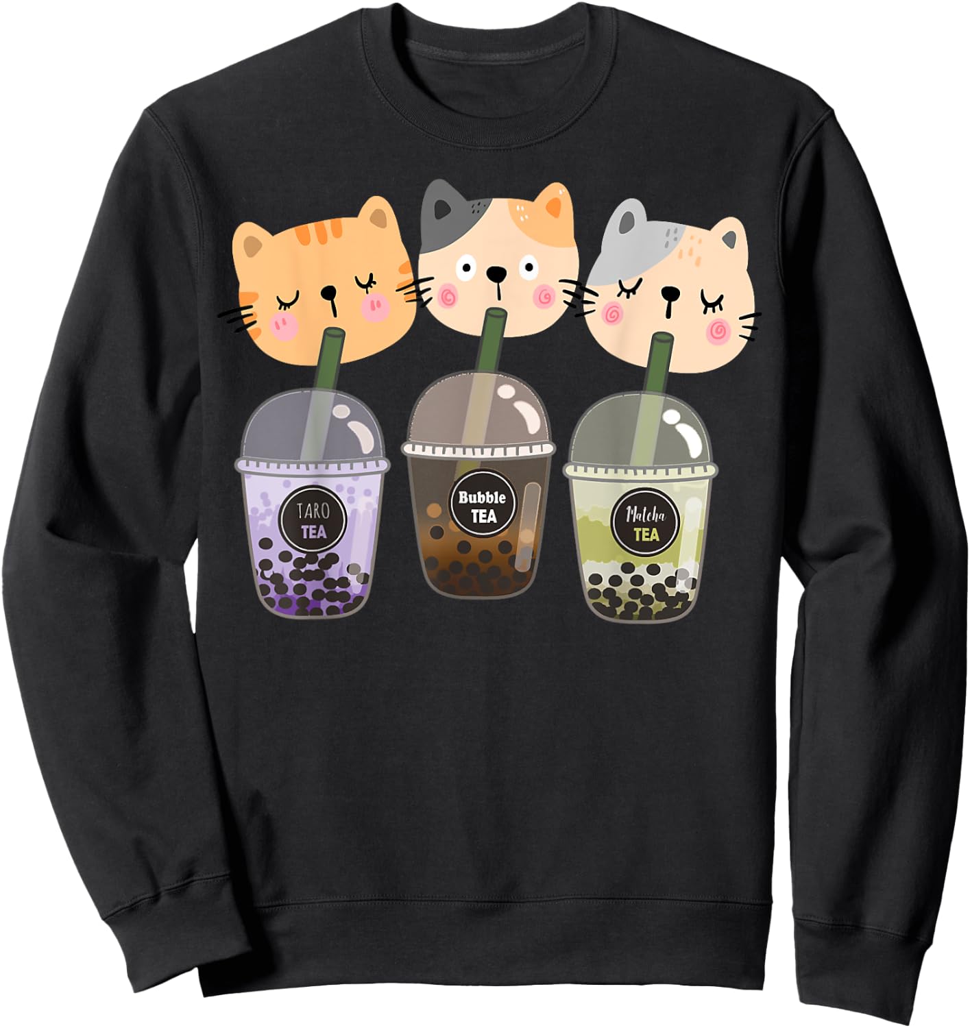 Boba Cat Drinking Boba Kitten Kawaii Japanese Kitty Sweatshirt - Sweatshirt | Black