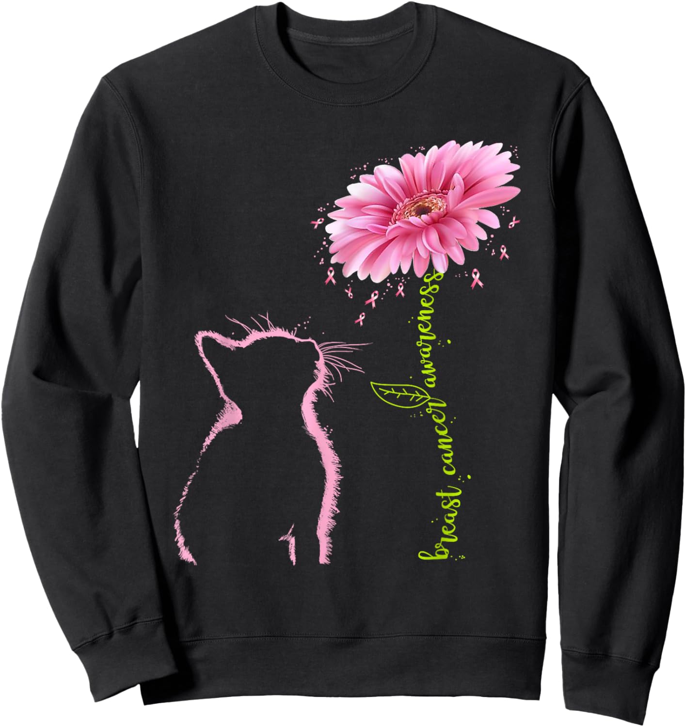 Breast Cancer Awareness Pink Ribbon Daisy Flower Cat Lovers Sweatshirt - Sweatshirt | Black