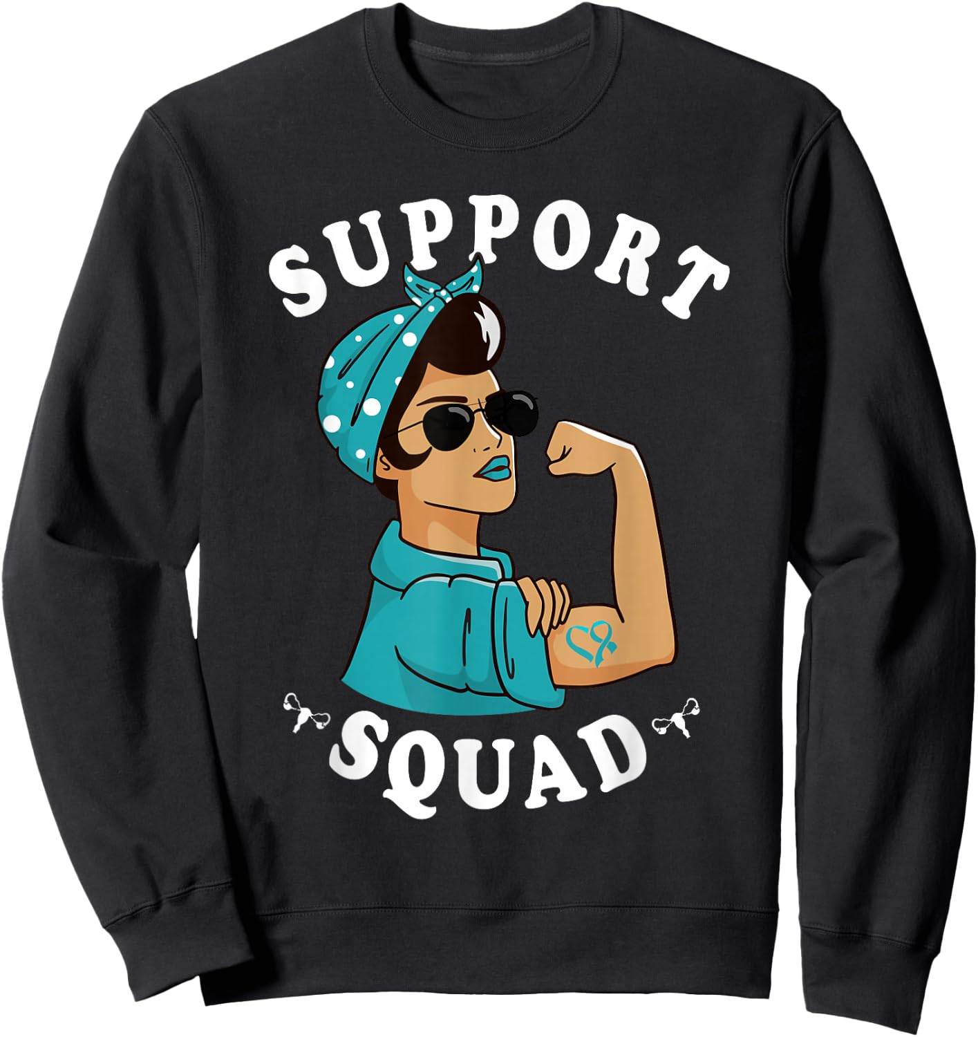 "Support Squad" Teal Ribbon Bandana Women Ovarian Cancer Sweatshirt - Sweatshirt | Black