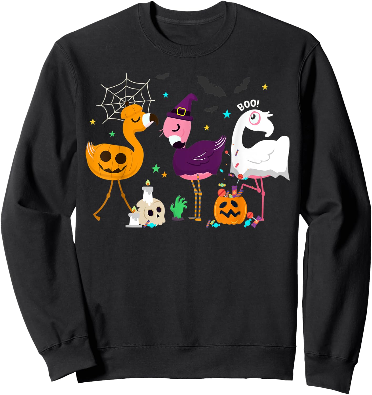 Flamingo Halloween Pumpkin Witch Ghost Happy Flamingoween Sweatshirt - Sweatshirt | Black