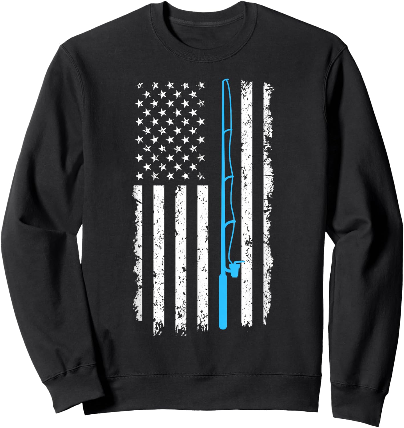 Vintage American Flag Fishing Rod Short Sleeve Sweatshirt - Sweatshirt | Black