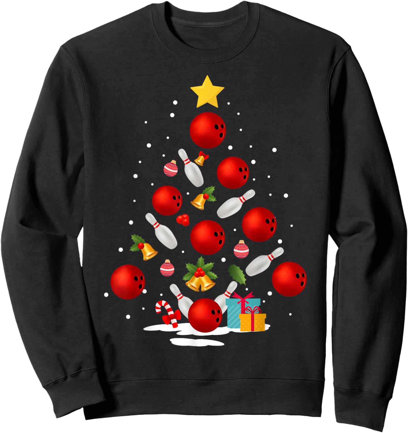 Funny Bowling Christmas Tree Lights Xmas Gifts Women Short Sleeve Sweatshirt - Sweatshirt | Black