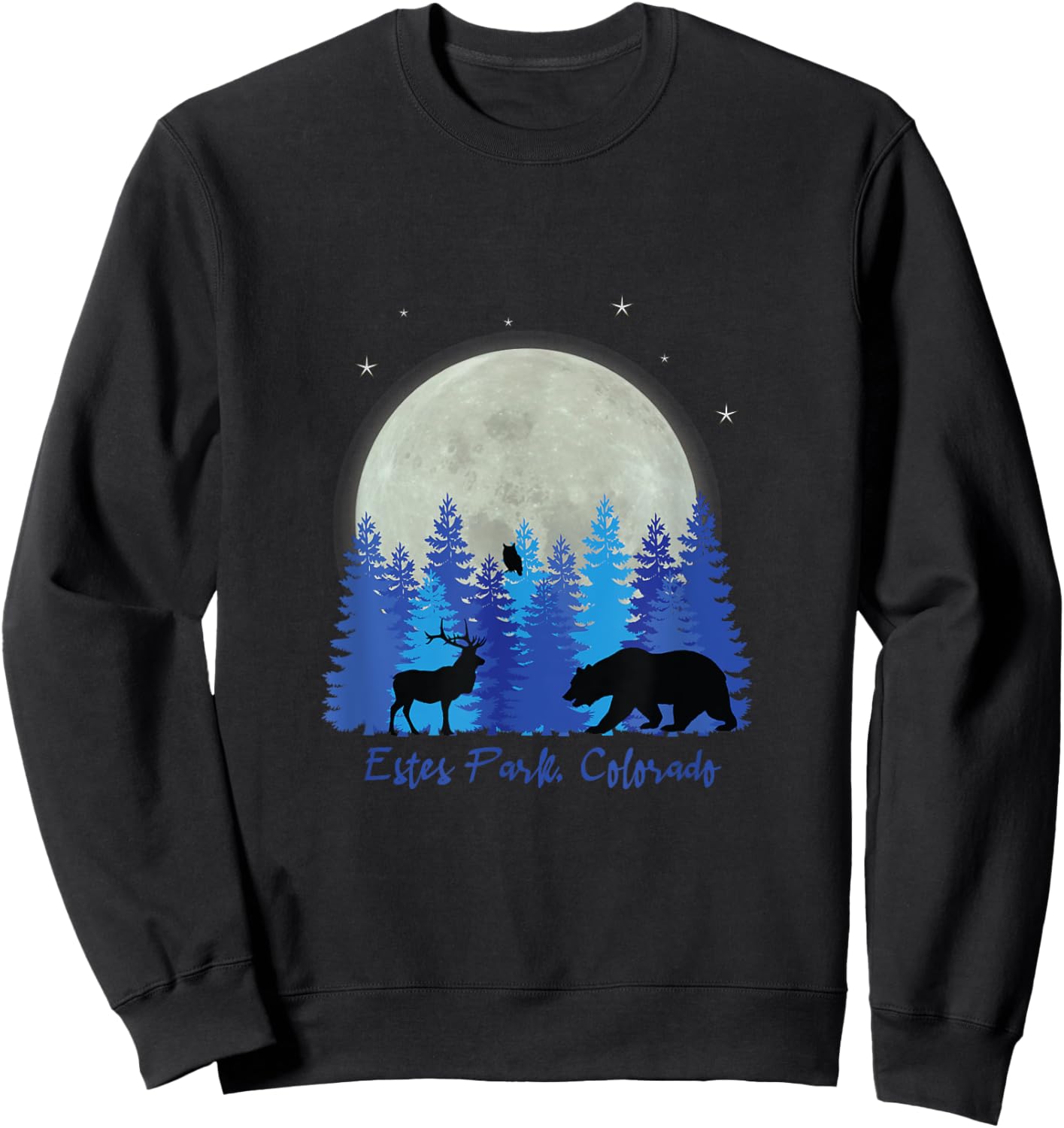 Estes Park Colorado with elk in front of forest and moon. Sweatshirt - Sweatshirt | Black