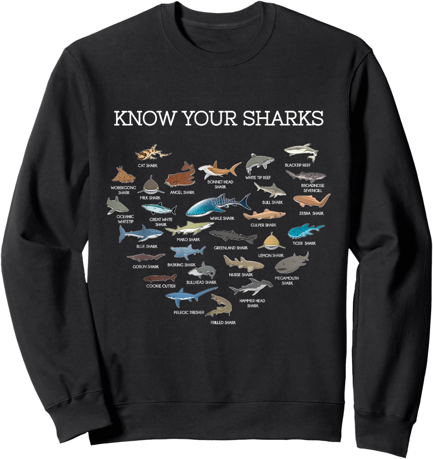 Shark Faces Types Of Sharks Gift Marine Biology Ocean Shark Sweatshirt - Sweatshirt | Black