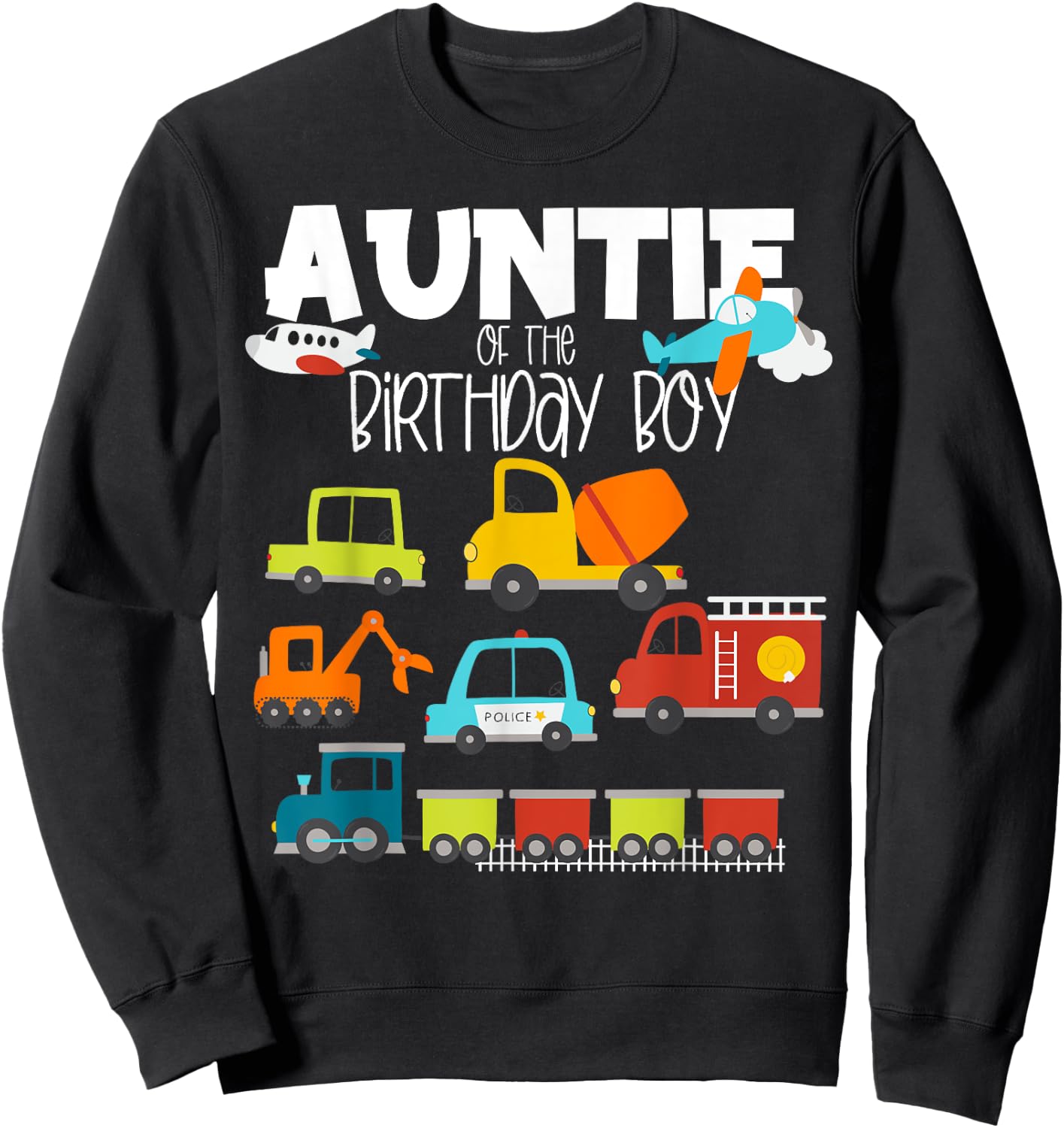 Auntie Of The Birthday Boy Family Matching Train Fire Truck Sweatshirt - Sweatshirt | Black