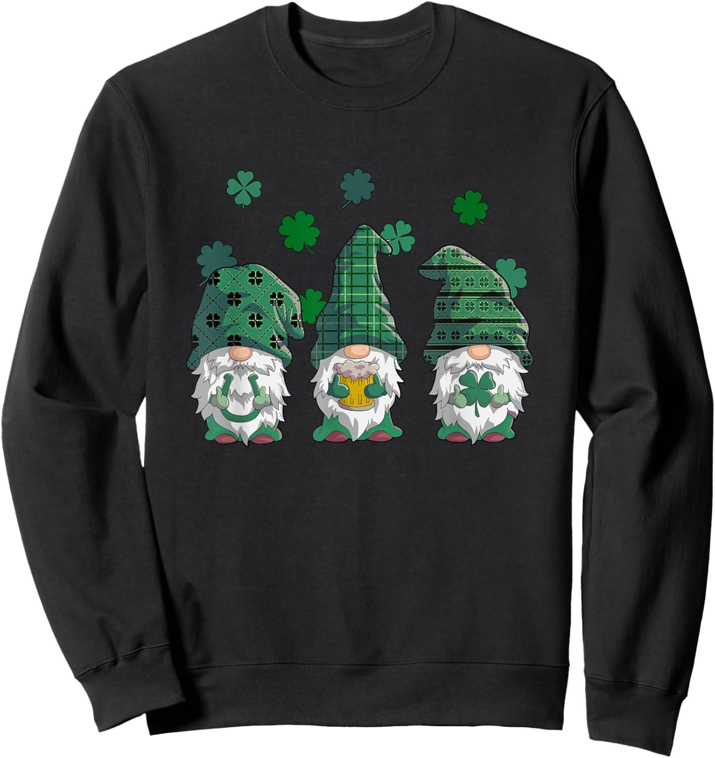St Patricks Day Gnomes Shirt Women Buffalo Plaid Shamrock Sweatshirt - Sweatshirt | Black