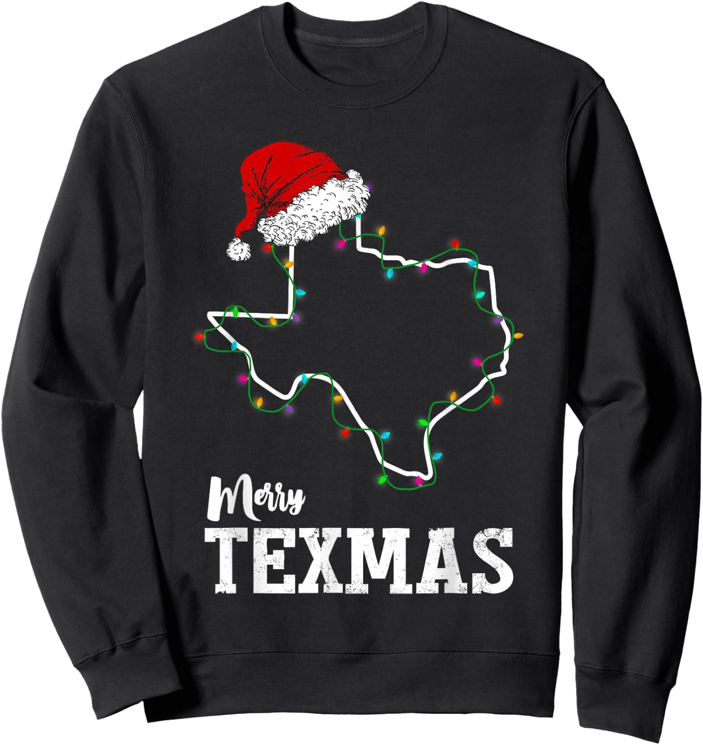 Merry Texmas Texas State Christmas Light Outline Santa Hat Sweatshirt - Sweatshirt | Black
