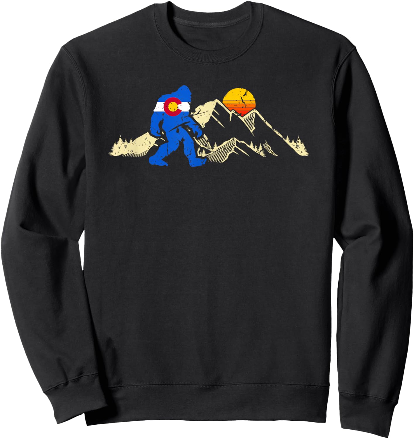 Retro Bigfoot Sun & Mountain State Flag of Colorado Sweatshirt - Sweatshirt | Black
