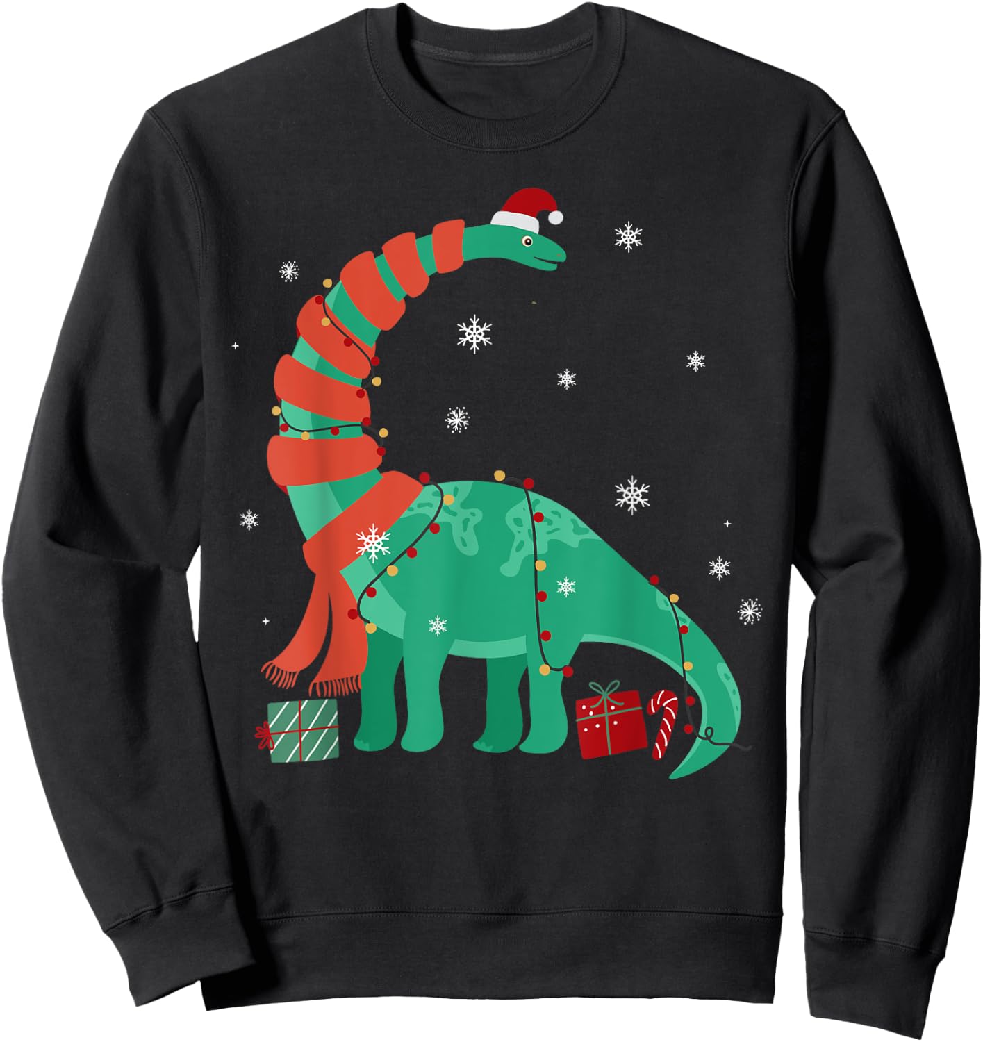 Funny Christmas Dinosaur Santa Xmas Lights Brontosaurus Sweatshirt - Sweatshirt | Black