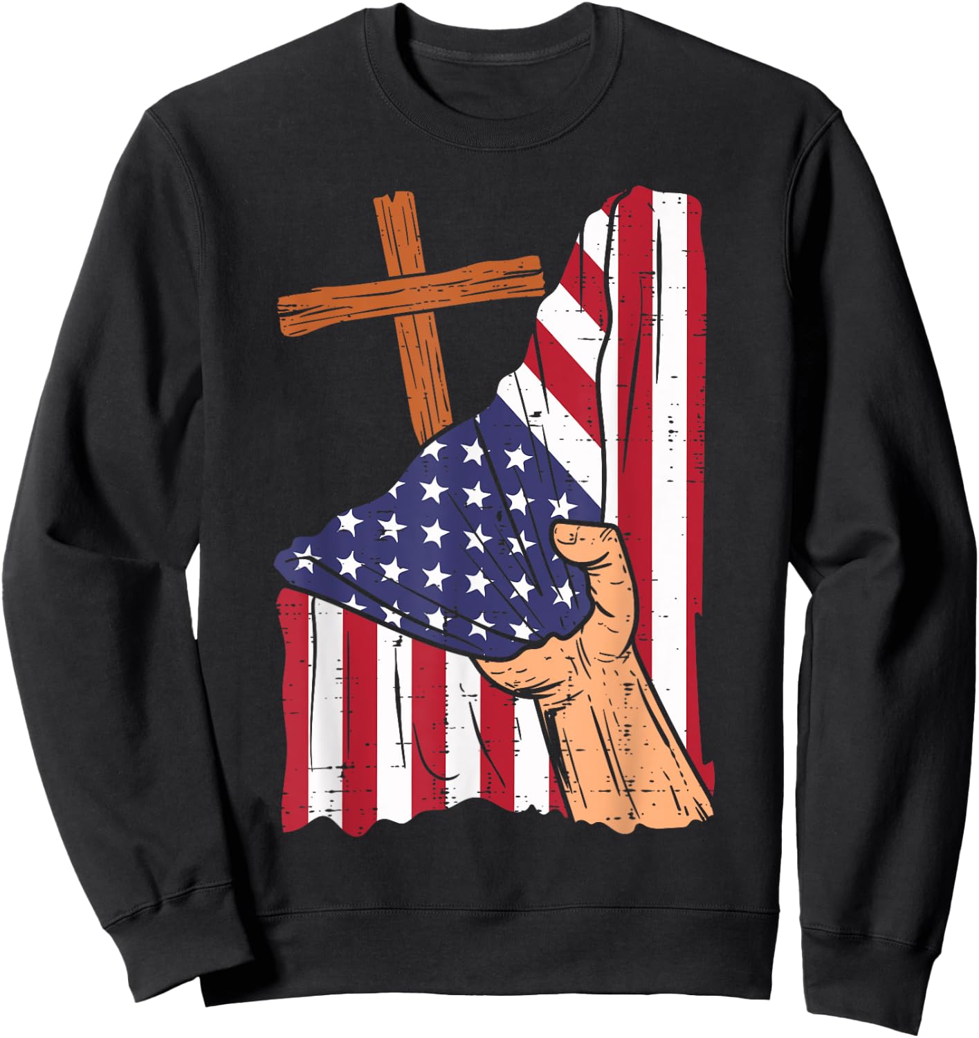 Cross Behind US Flag Religious God Jesus Patriotic Christian Sweatshirt - Sweatshirt | Black