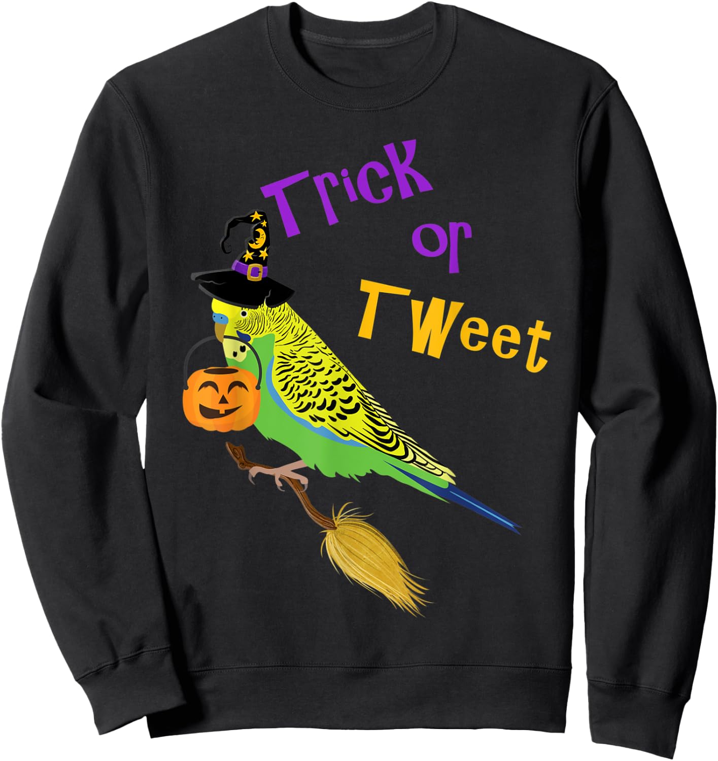 Halloween Trick or Tweet green budgie cute graphic bird Sweatshirt - Sweatshirt | Black