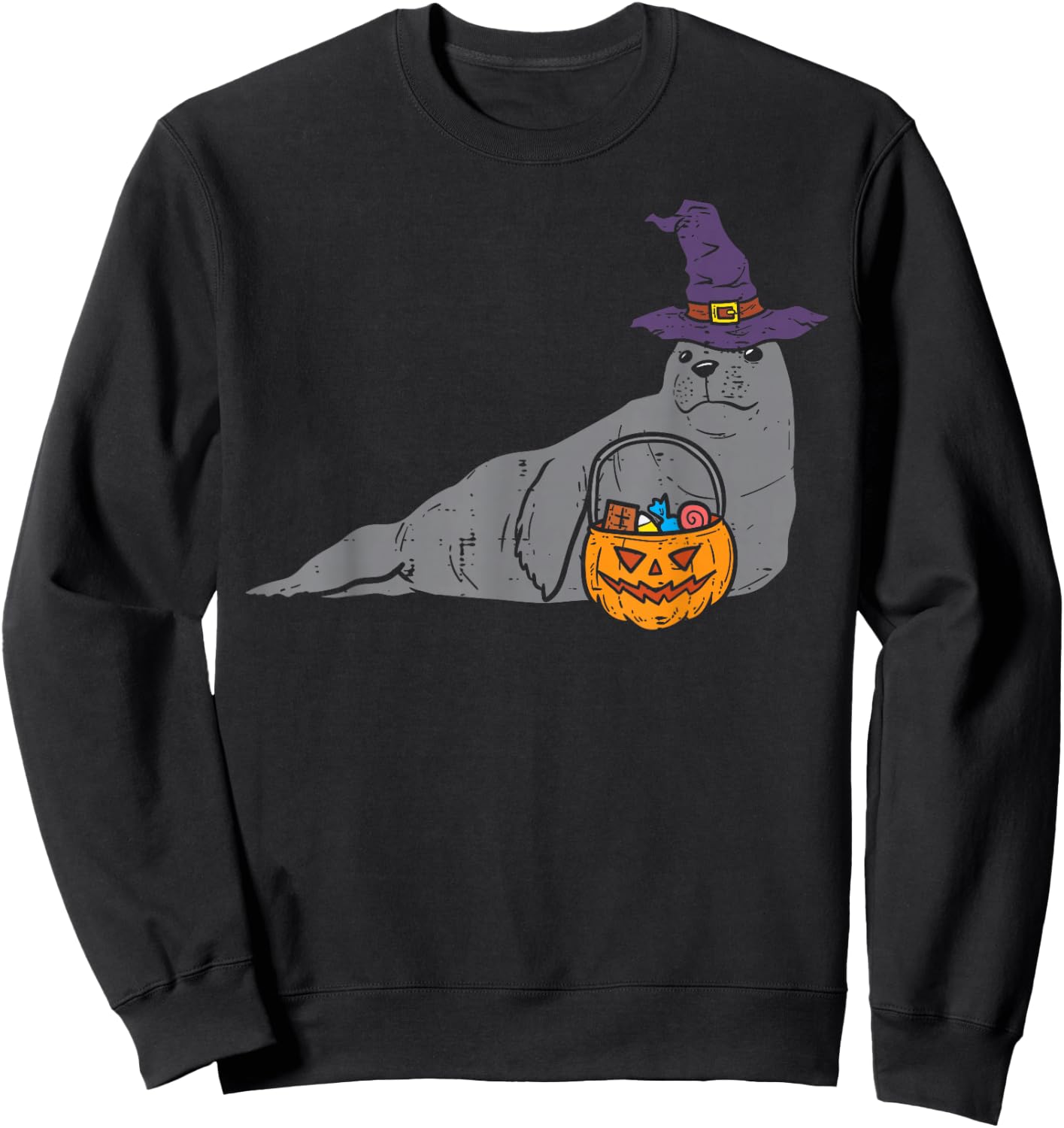 Seal Sea Lion Witch Pumpkin Halloween Animal Men Women Kids Sweatshirt - Sweatshirt | Black