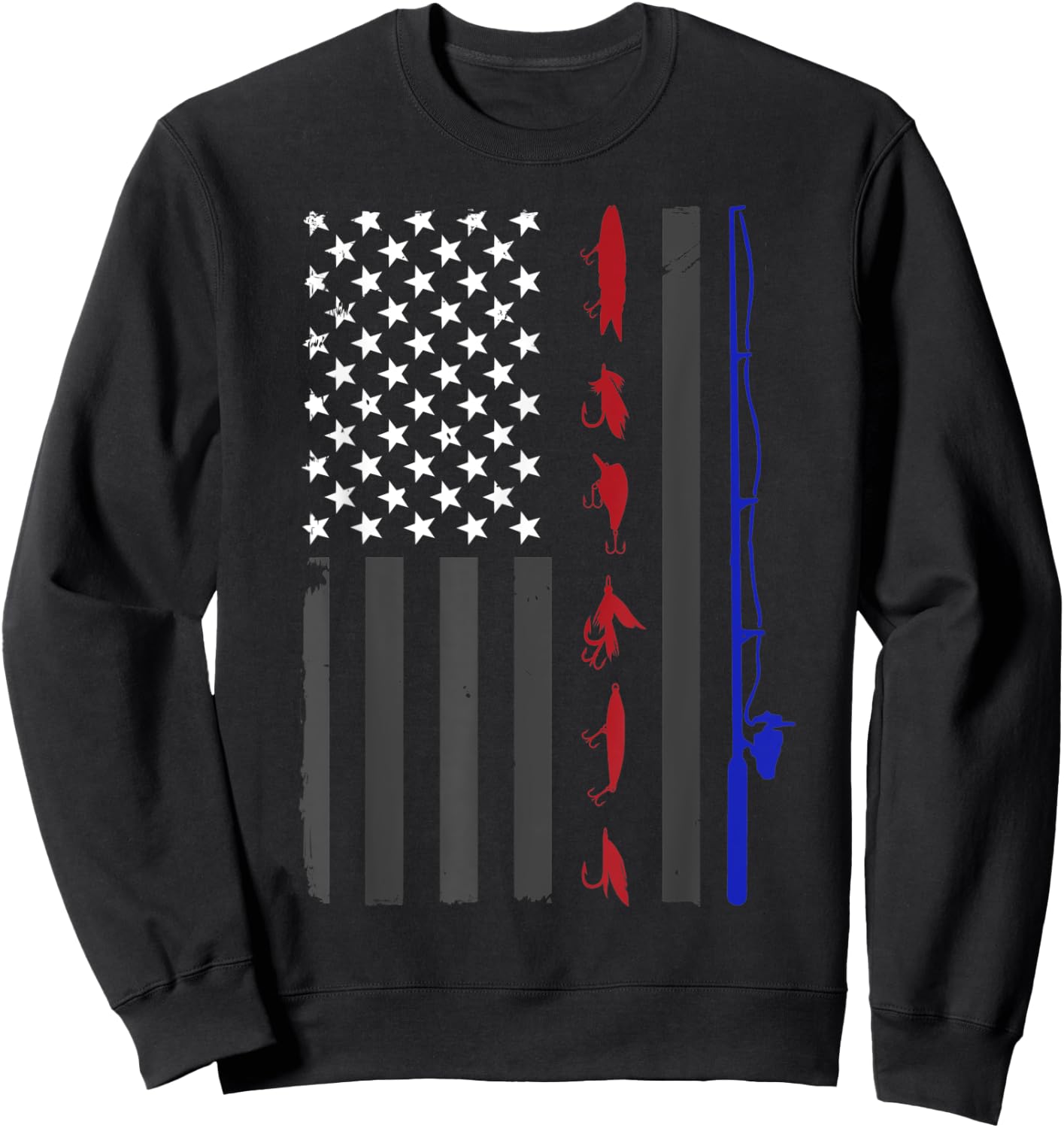 American Flag Fishing Vintage Fishing Pole and Lures Women Kids Men Sweatshirt - Sweatshirt | Black