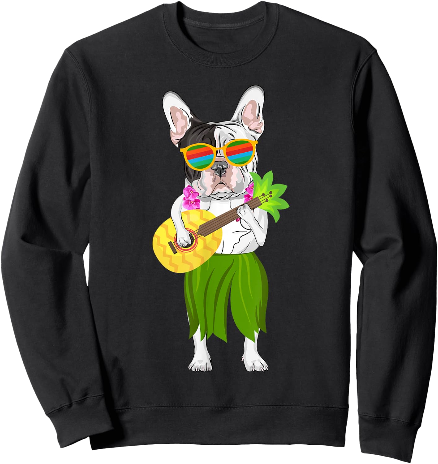 Hawaiian French Bulldog & Pineapple Ukulele Summer Vacation Sweatshirt - Sweatshirt | Black