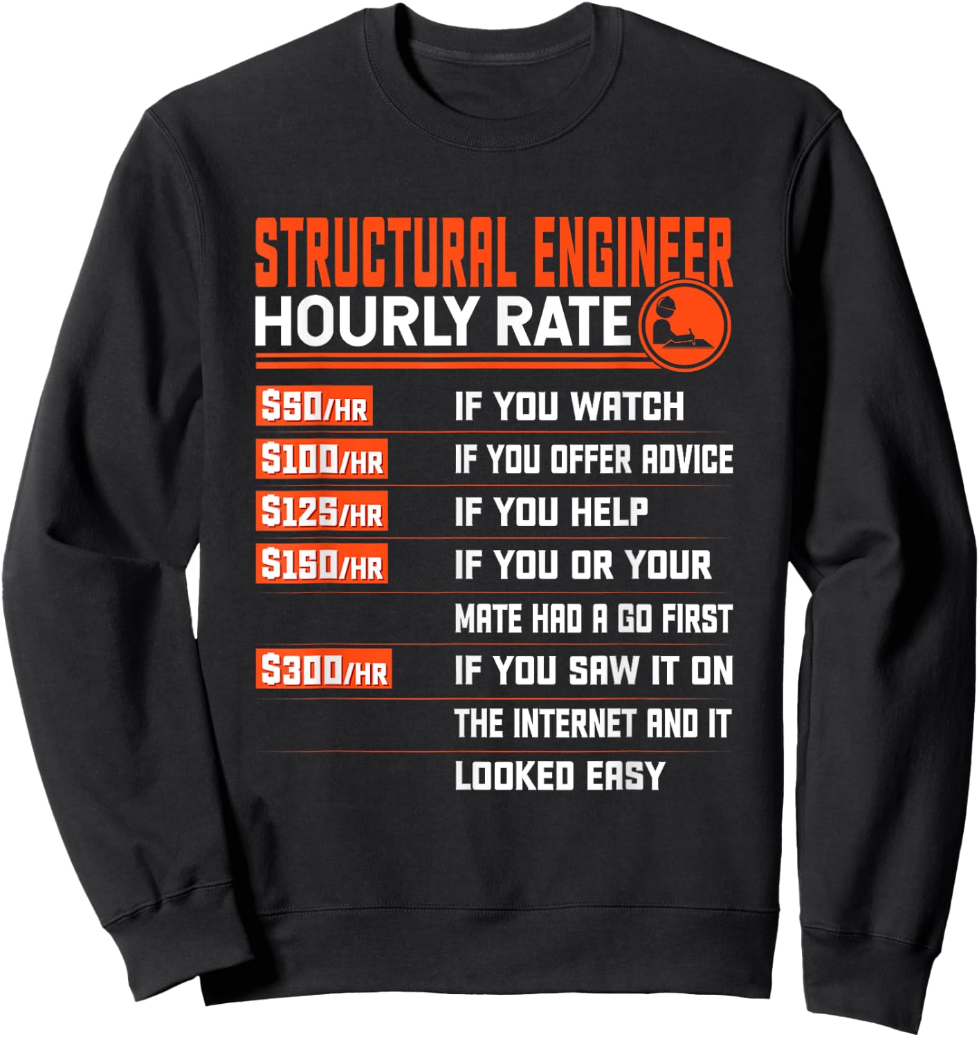 Structural Engineer Hourly Rate Funny - Black, -Adults, Small, Short Sleeve, Classic Fit, Cotton Blend, , Modern Sweatshirt - Sweatshirt | Black