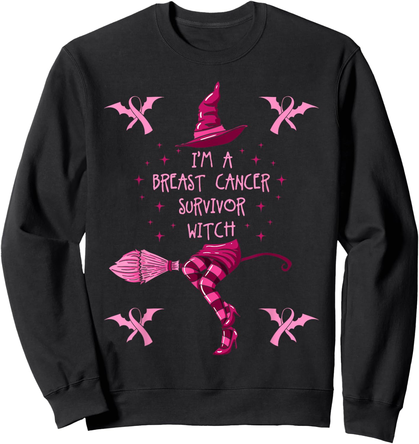 Breast Cancer Halloween Party Witch Pink Ribbon Survivor Sweatshirt - Sweatshirt | Black