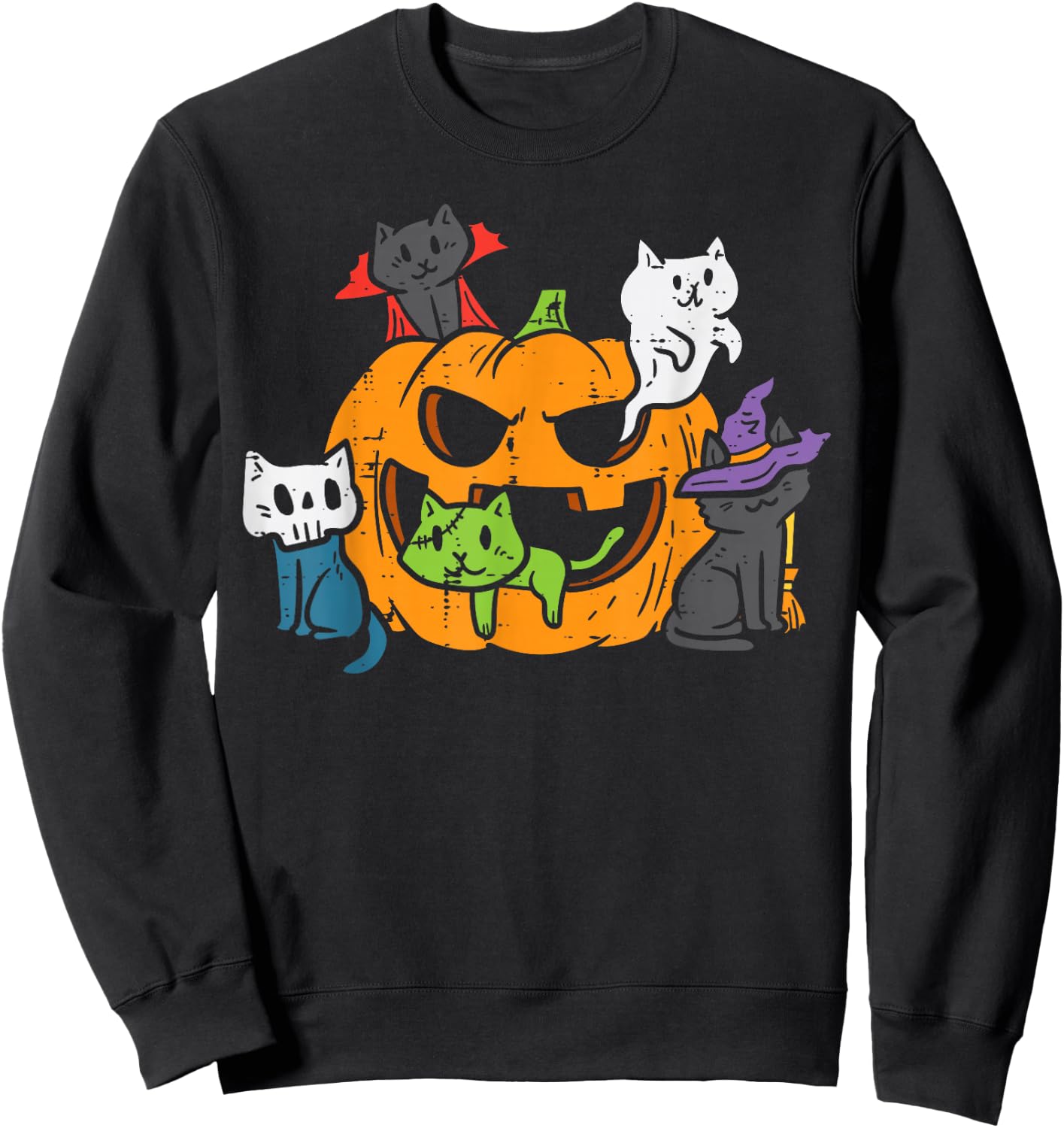 Vampire Ghost Zombie Witch Cats In Pumpkin Cute Halloween Sweatshirt - Sweatshirt | Black
