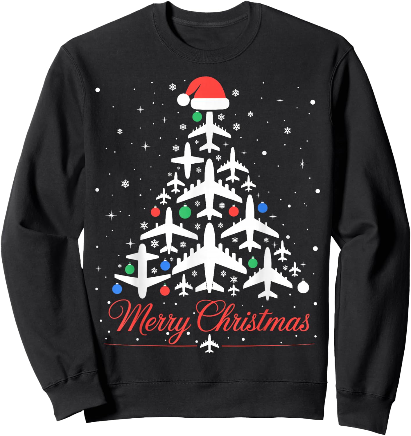 Funny Xmas Lights Ornaments Airplane Christmas Tree Sweatshirt - Sweatshirt | Black