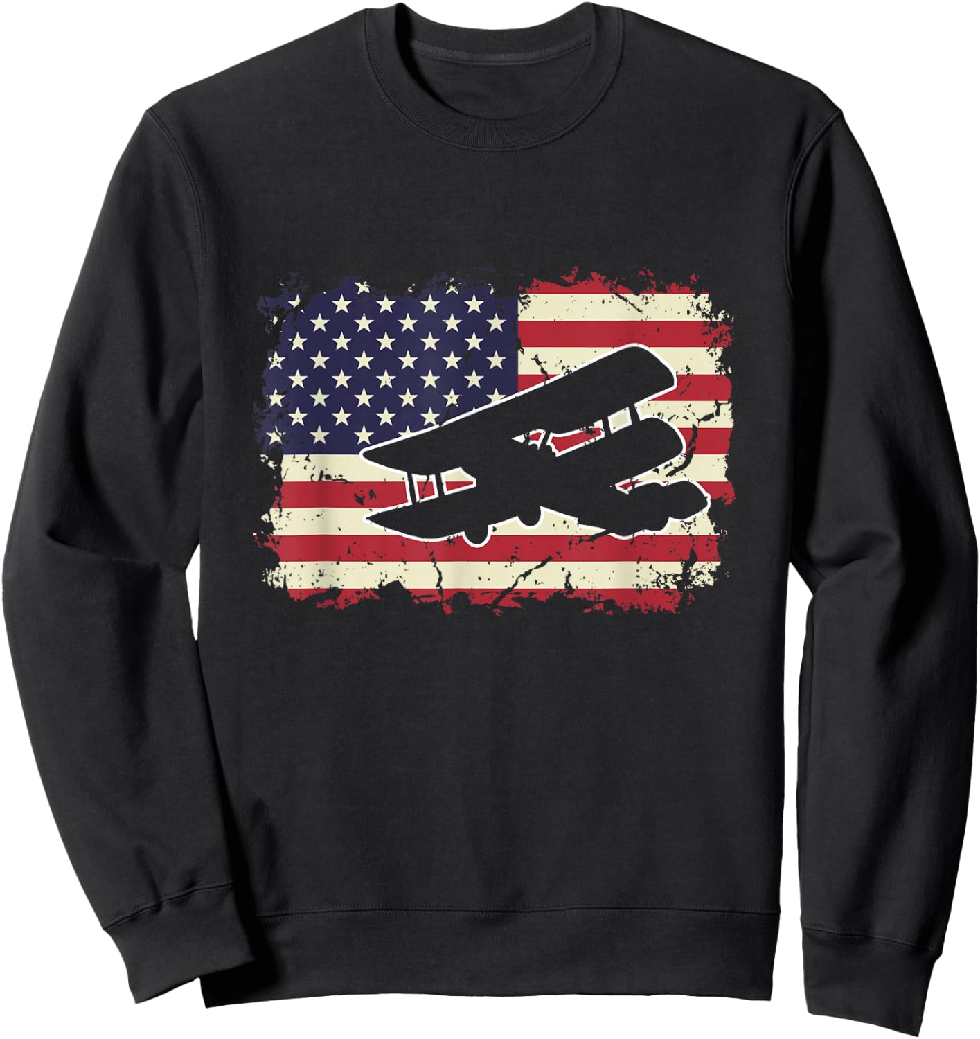 Biplane US Flag Patriotic American Aircraft Airplane Pilot Sweatshirt - Sweatshirt | Black