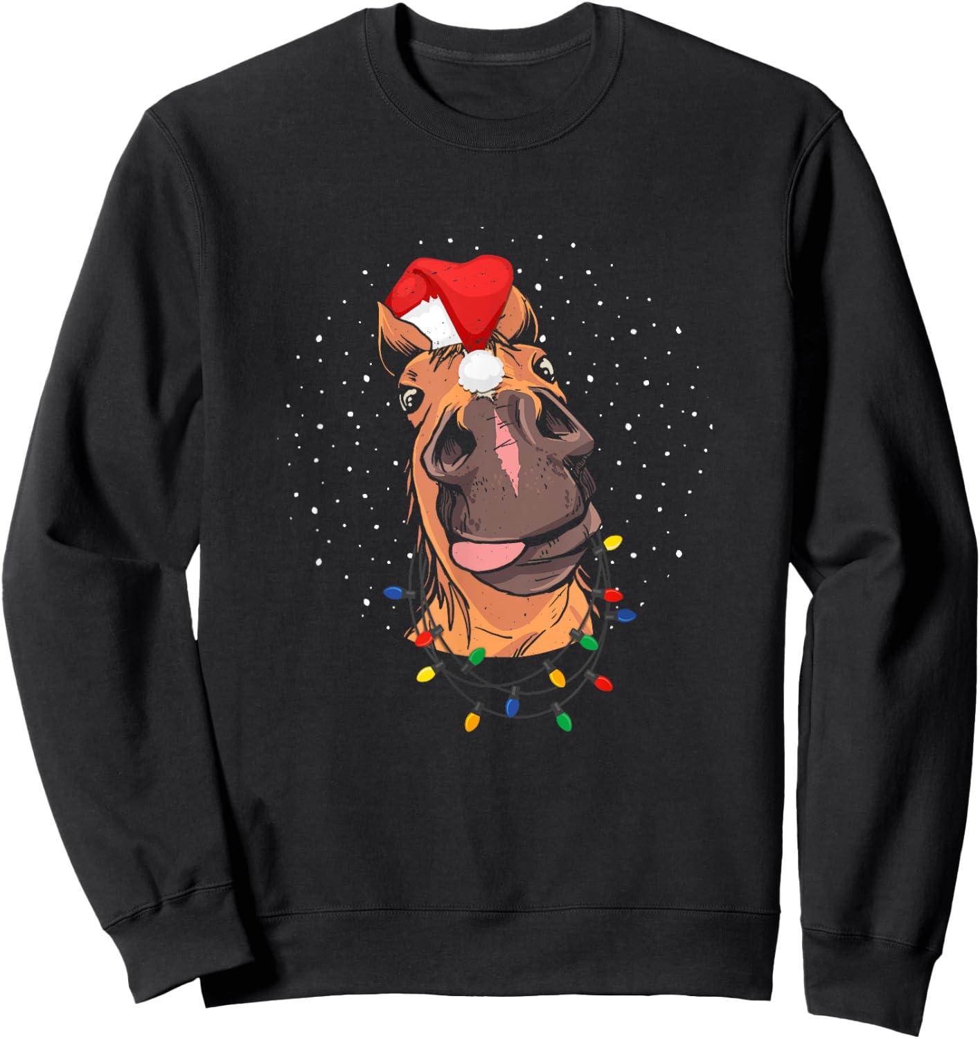 Horse Santa Hat Christmas Lights Riding Funny Sweatshirt - Sweatshirt | Black
