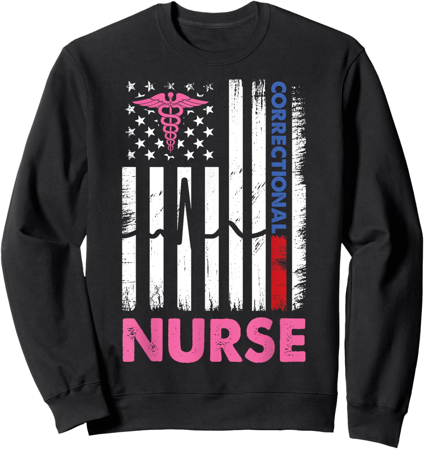 Funny Nurse Correctional American USA Flag Nurses heartbeat Sweatshirt - Sweatshirt | Black