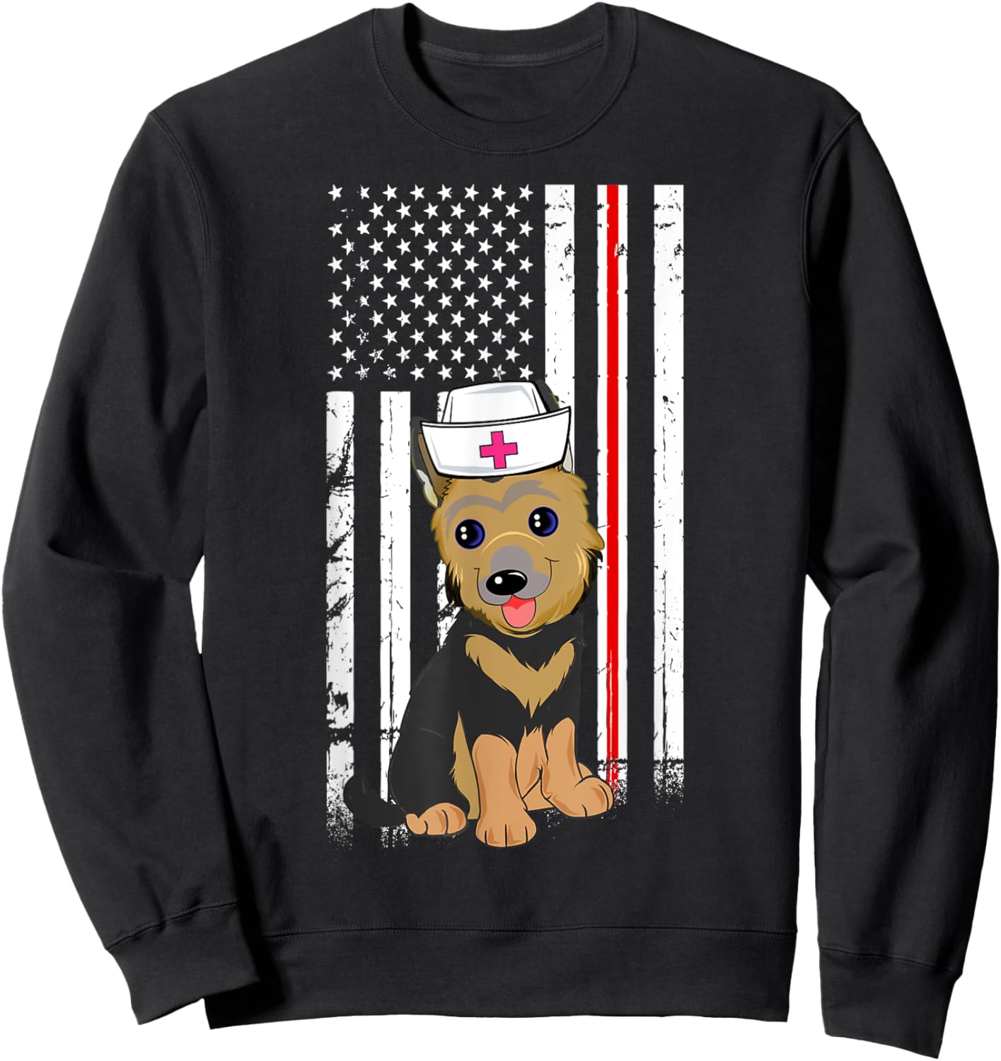 German Shepherd Dog Nurse American Flag Thin Red Line Sweatshirt - Sweatshirt | Black