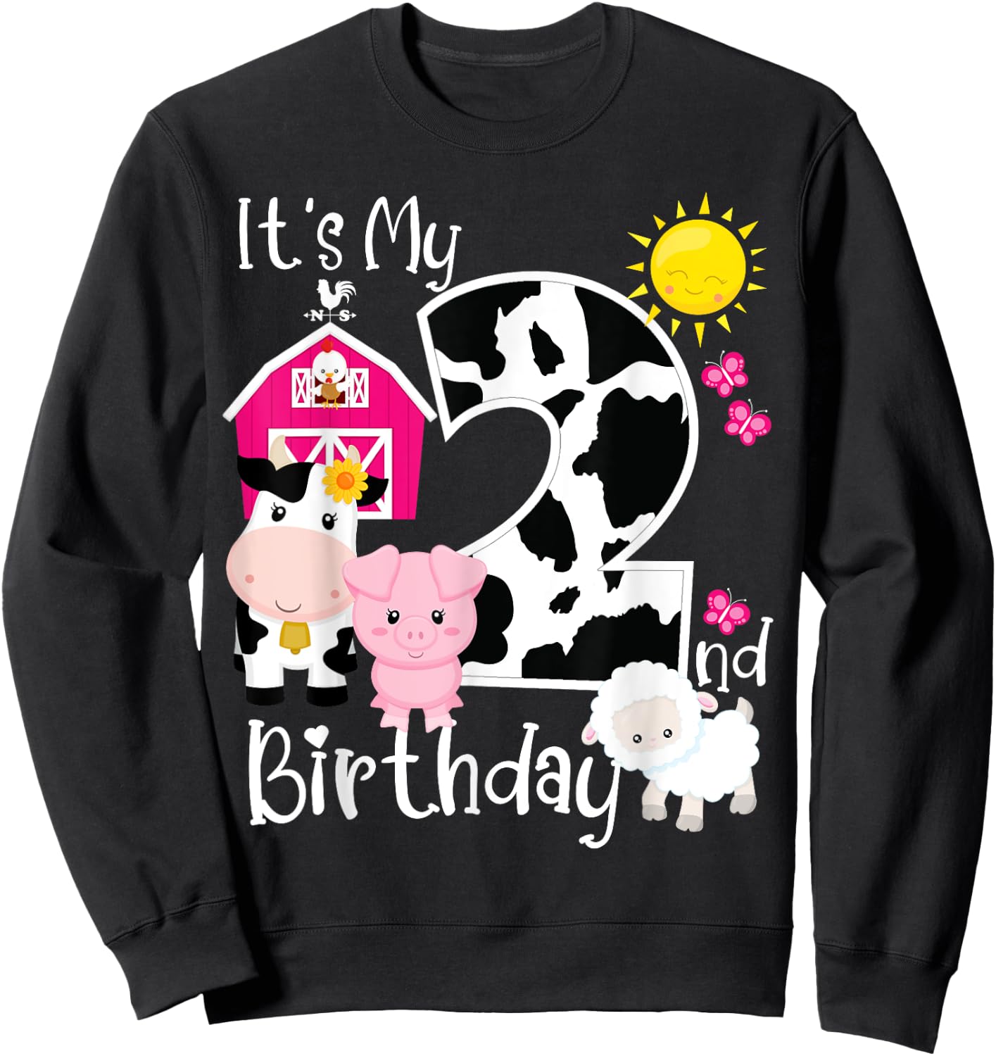 Farm Animals 2 Year Old It's My 2nd Birthday Party Bday Girl Sweatshirt - Sweatshirt | Black