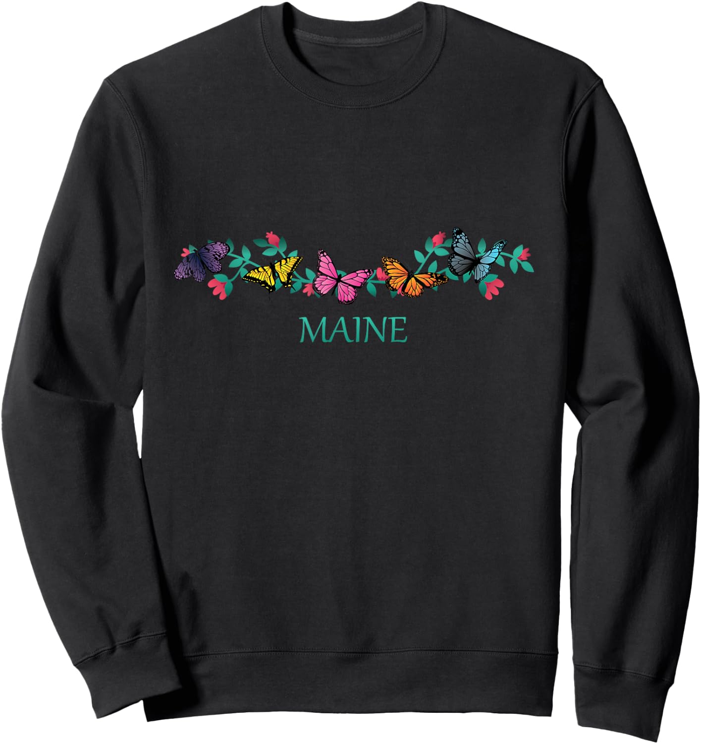 Maine State Souvenir Butterfly Flower Graphic Sweatshirt - Sweatshirt | Black