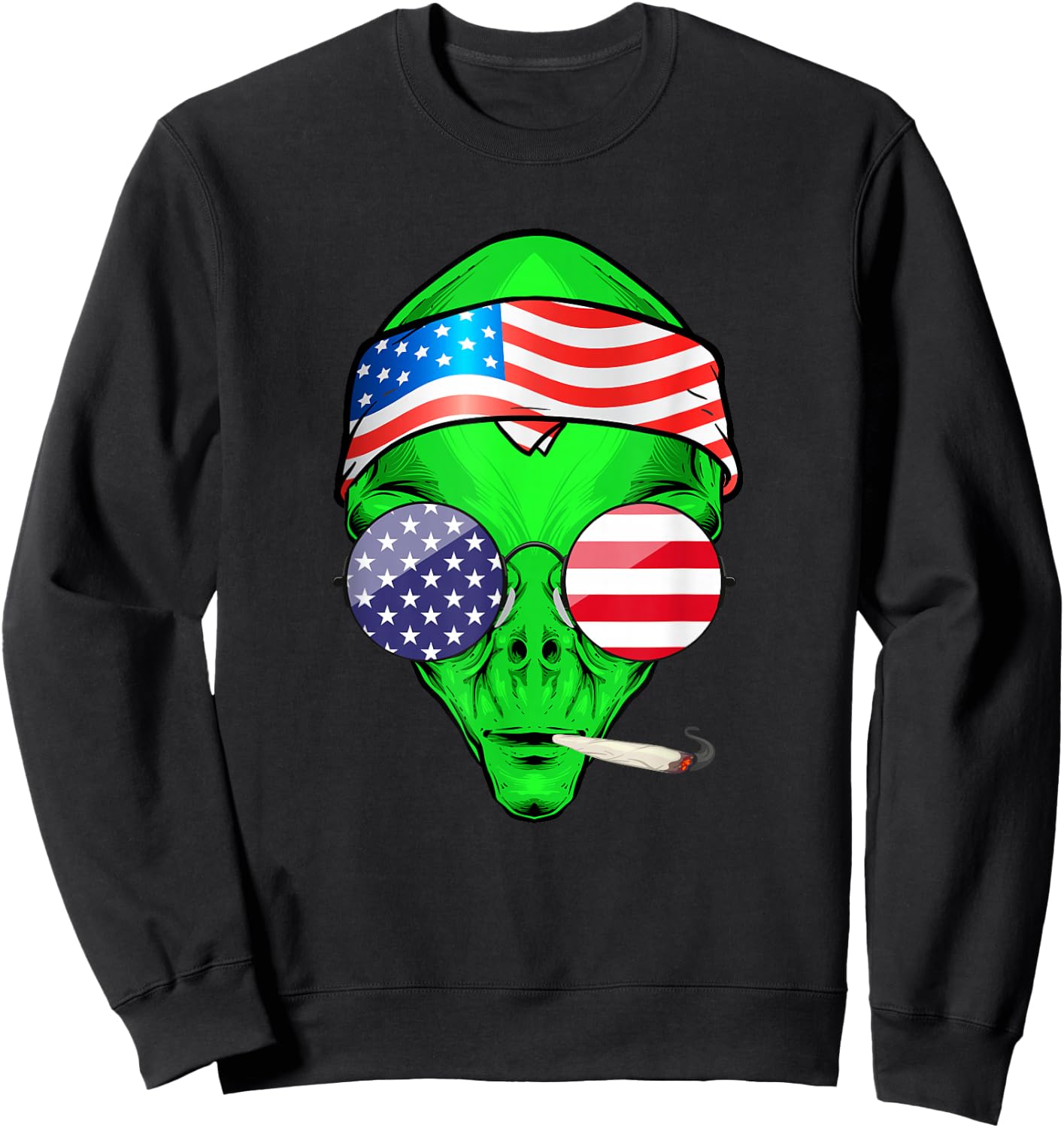 Hippie Alien American Flag 4th of July Funny Marijuana Weed Sweatshirt - Sweatshirt | Black