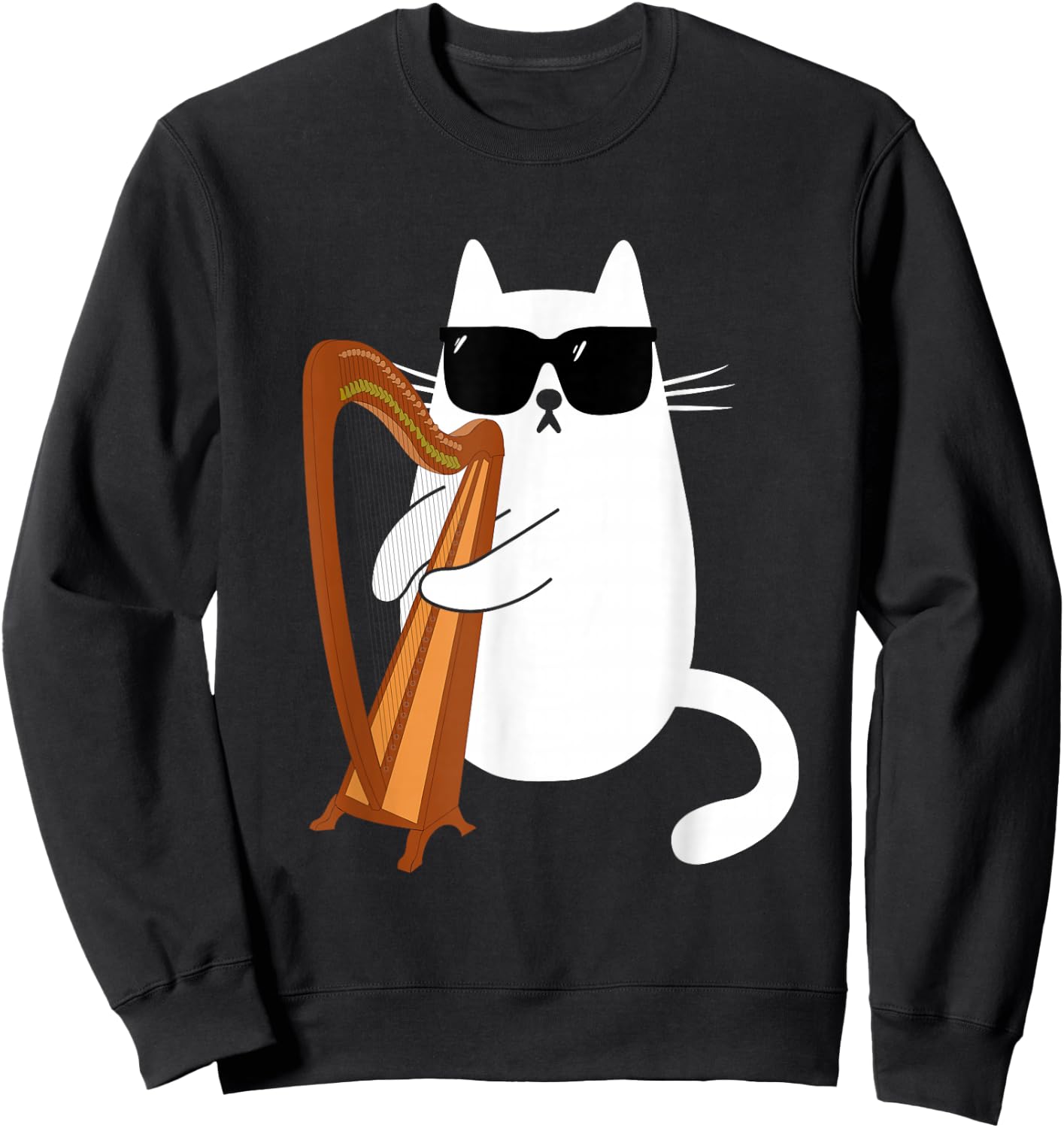Funny Cat Wearing Sunglasses Playing Harp Harpist Musician Sweatshirt - Sweatshirt | Black