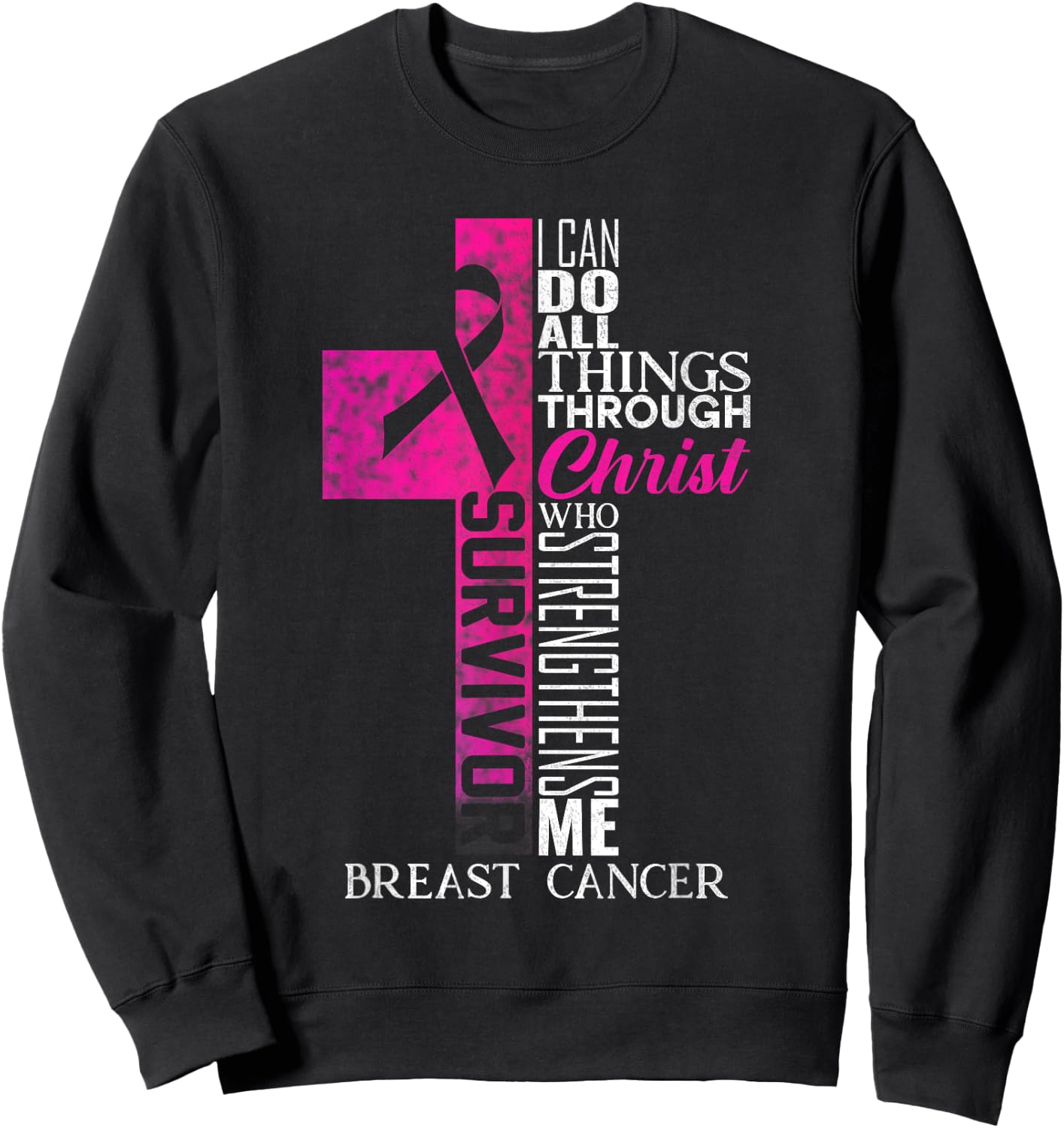 Pink Ribbon Breast Cancer Survivor Christian Cross Sweatshirt - Sweatshirt | Black