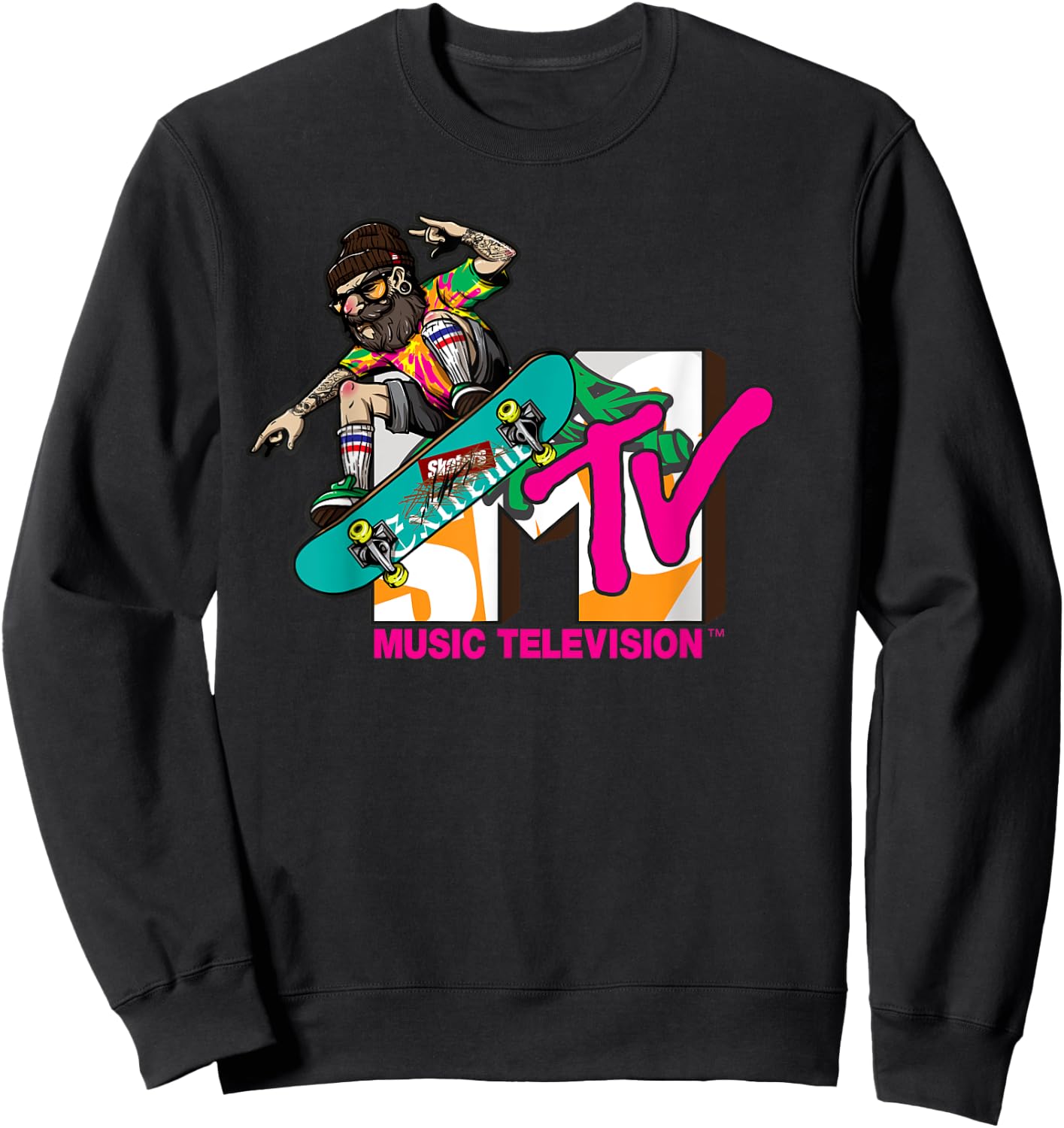 Mademark x MTV - The official MTV Logo with a hipster skater on his board Sweatshirt - Sweatshirt | Black